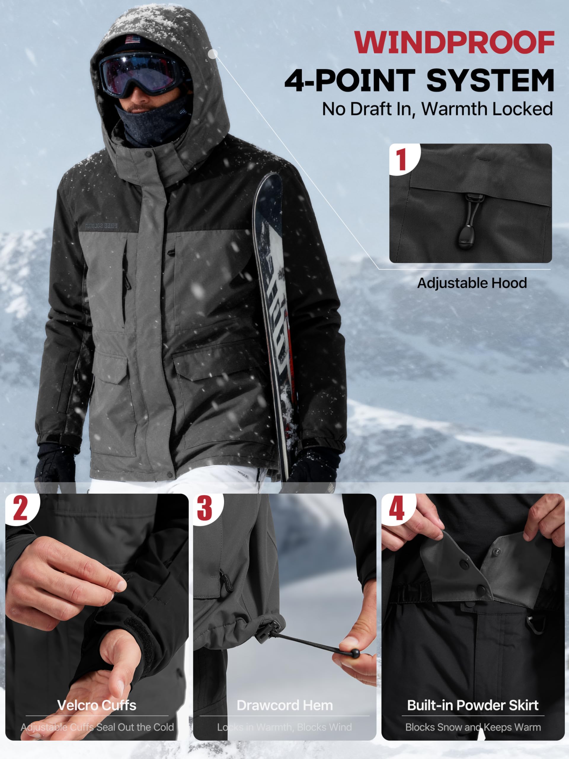 FREE SOLDIER Chaqueta de esquí impermeable para hombre con forro polar cálido cuello de nieve de invierno con capucha y costuras totalmente selladas