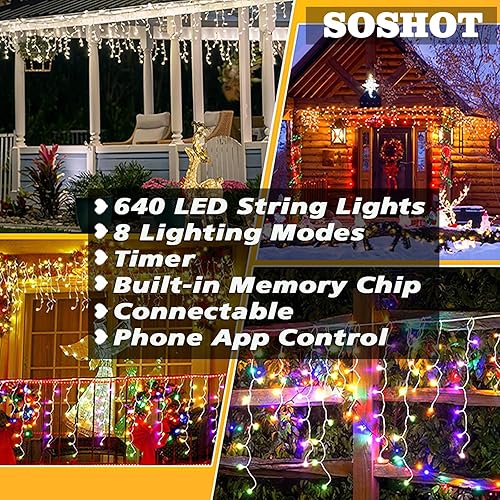 Miniatura 7 de SOSHOT Guirnalda de luces de Navidad para exteriores, 49 pies, 640 LED, 8 modos con control remoto y aplicación, luces de Navidad impermeables para