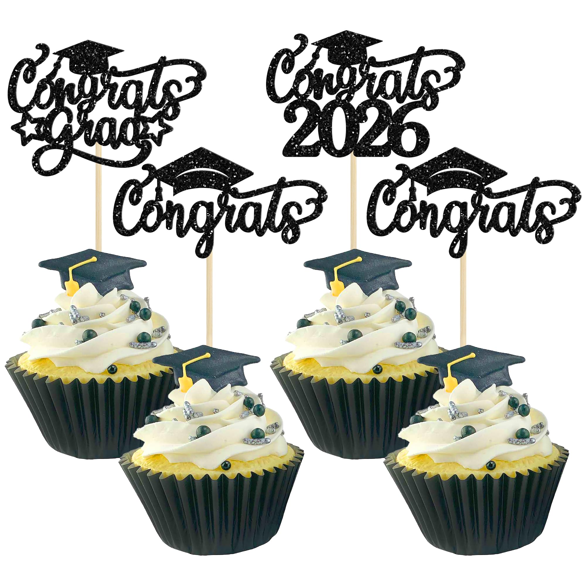 Gyufise 24Pcs 2026 Congrats Grad Cupcake Toppers Glitter Class of 2026 Cake Decorations Congrats 2026 Grad Cap Cupcake Picks 2026Graduation Theme Party Cake Decorations Supplies Black