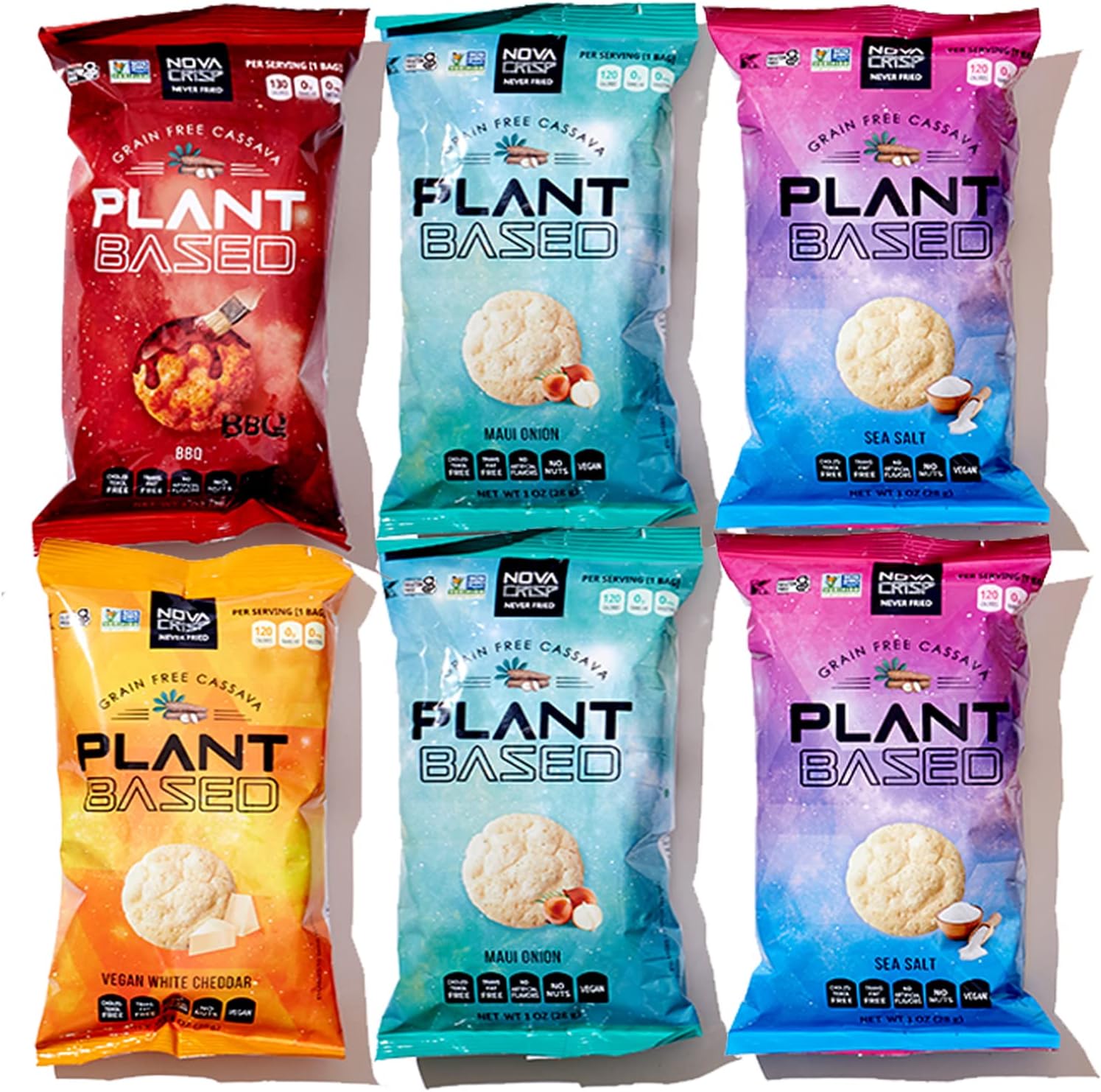 NOVACRISP Plant Based Cassava Chips & Crisps | Certified Gluten Free, Non GMO, Certified Vegan, Healthy Snacks | Air Popped, Never Fried, Low Calorie Snack Packs, Nut Free, & Kosher (Variety, 1 Ounce (Case of 6))