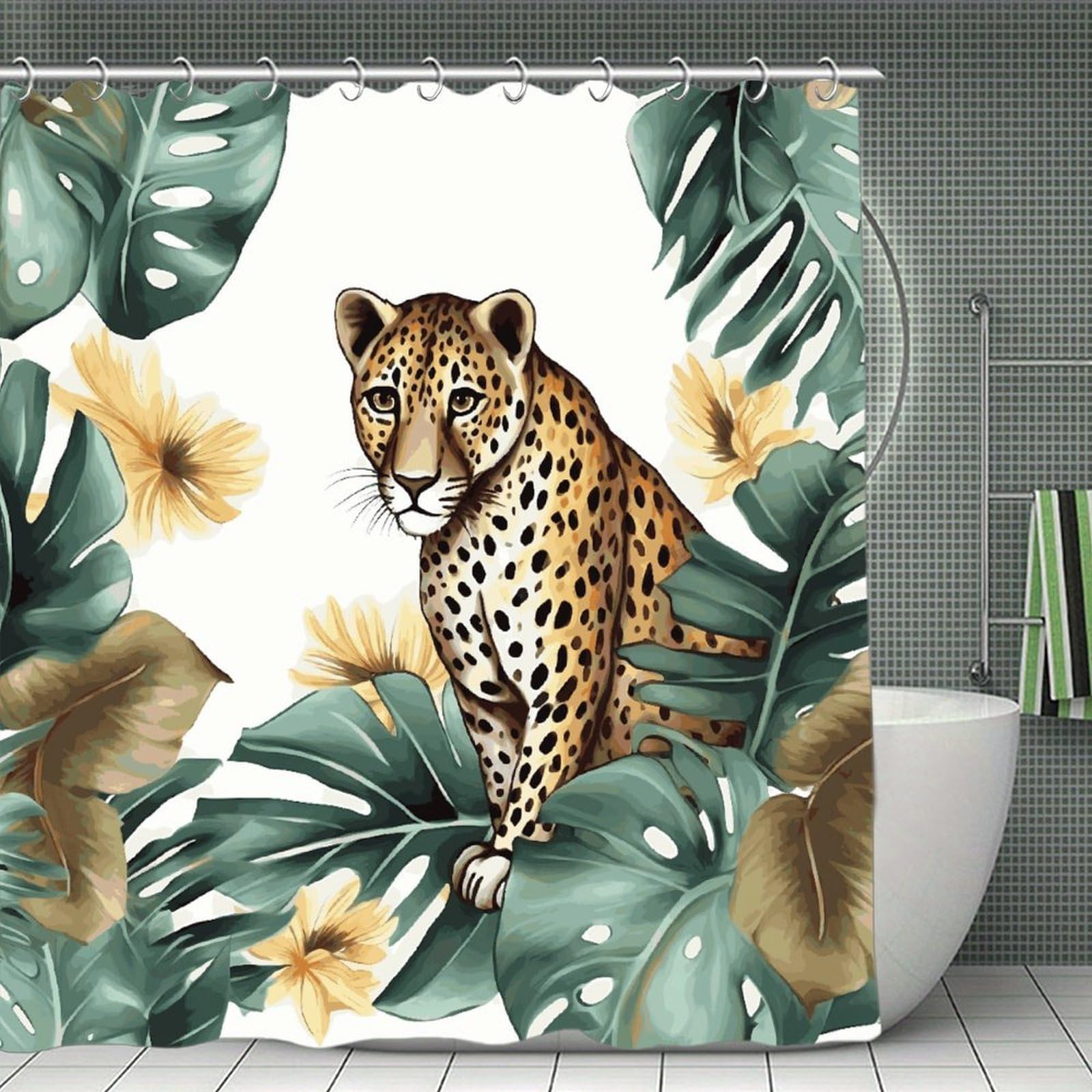 JTREHY Leopard and Palm Leaves Shower Curtain Waterproof Bathroom Shower Curtain Machine Washable Bath Curtains Polyester Cloth Bath Curtains for Bathroom Showers 70.8×70.8Inch