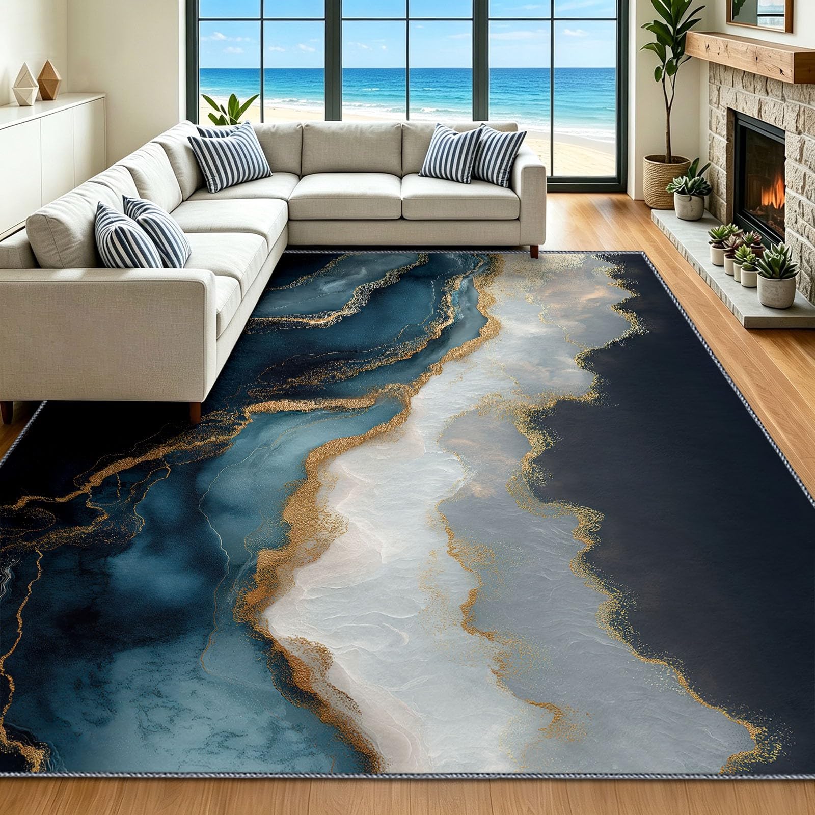Tapis bleu 60x90 cm lavable cuisine entrée tapis abstrait lignes or