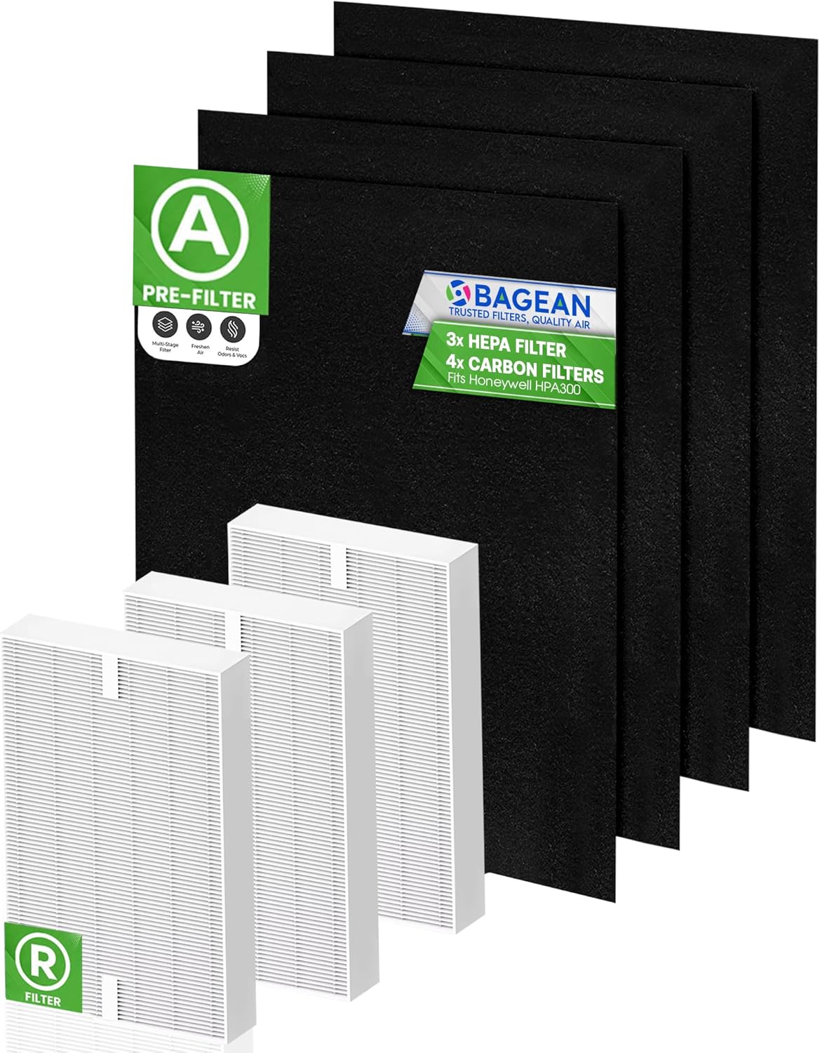 Bagean HPA300 Filter R Compatible with Honeywell Air Purifier Filter Replacement - HRF R3 A Fits HPA5300B - H13 True HEPA with Carbon Filters 99.98% Particles & Purifies Air (3 HEPA + 4 Carbon)
