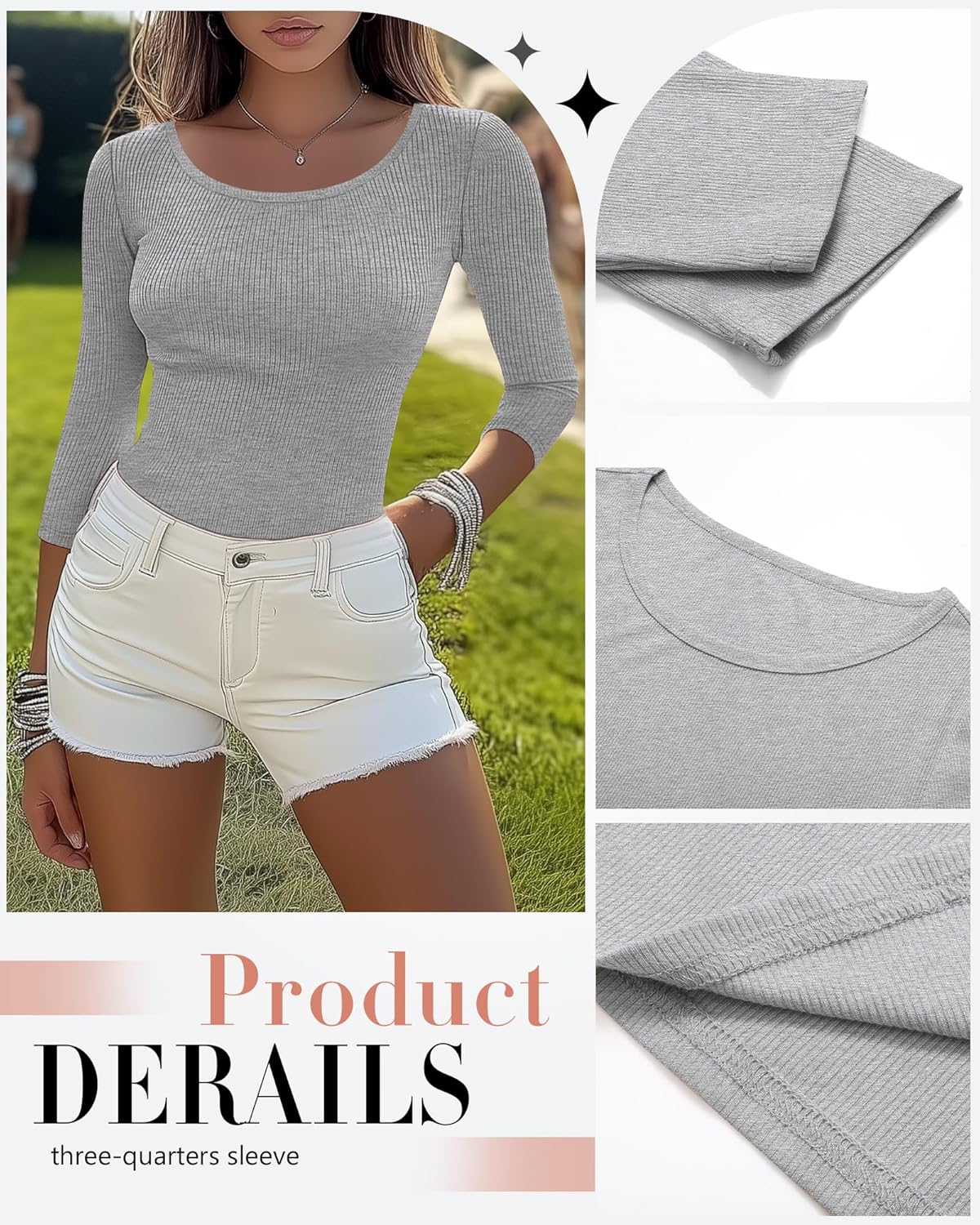 Huukeay 3 Pack Women's Ribbed 3/4 Sleeve Shirts, Scoop Neck Slim Fit Tops Summer Stretchy Casual Base Layer Basic Tee Blouses - Image 6