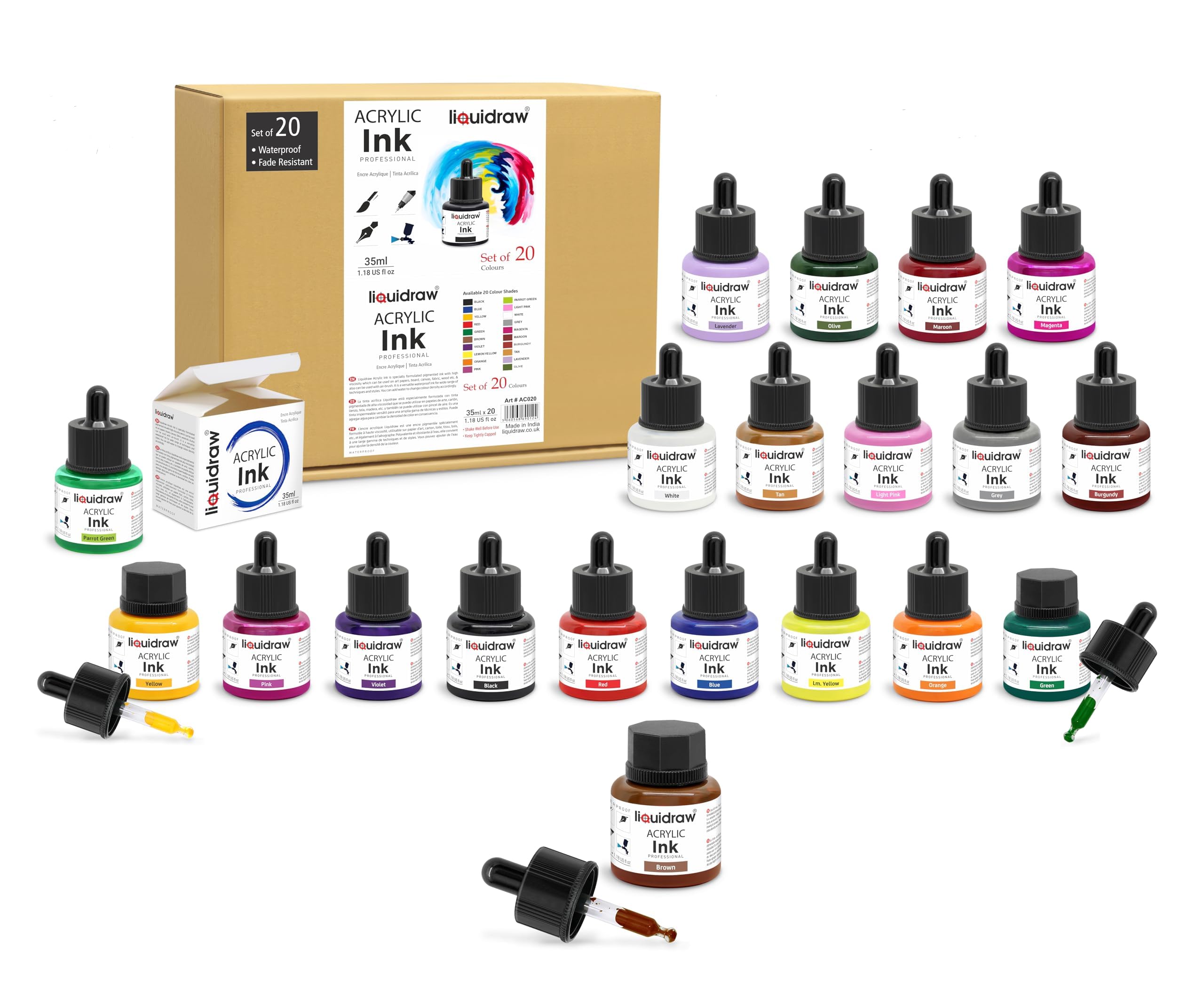 Liquidraw Encre à dessin acrylique – 20 couleurs assorties | Flacons de 35 ml avec compte-gouttes | Convient pour la peinture, l'art, le dessin et le design | Pour les professionnels, les artistes