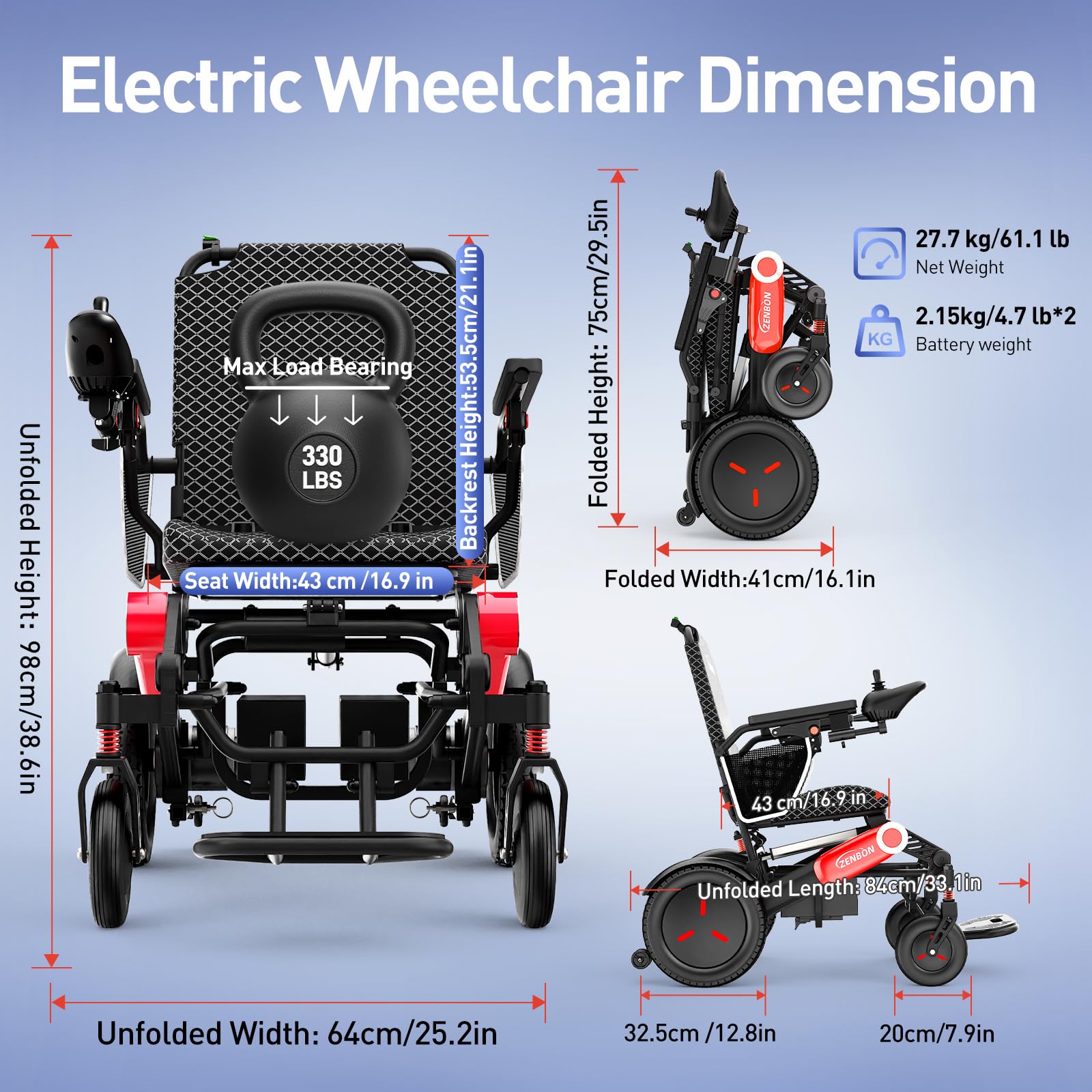 Sedia a Rotelle Pieghevole Ripiegamento Automatico: Carrozzina Elettrica per Anziani con 2 * 12AH Doppia Batteria - 700W Sedia a Rotelle Elettrica Fino a 150KG