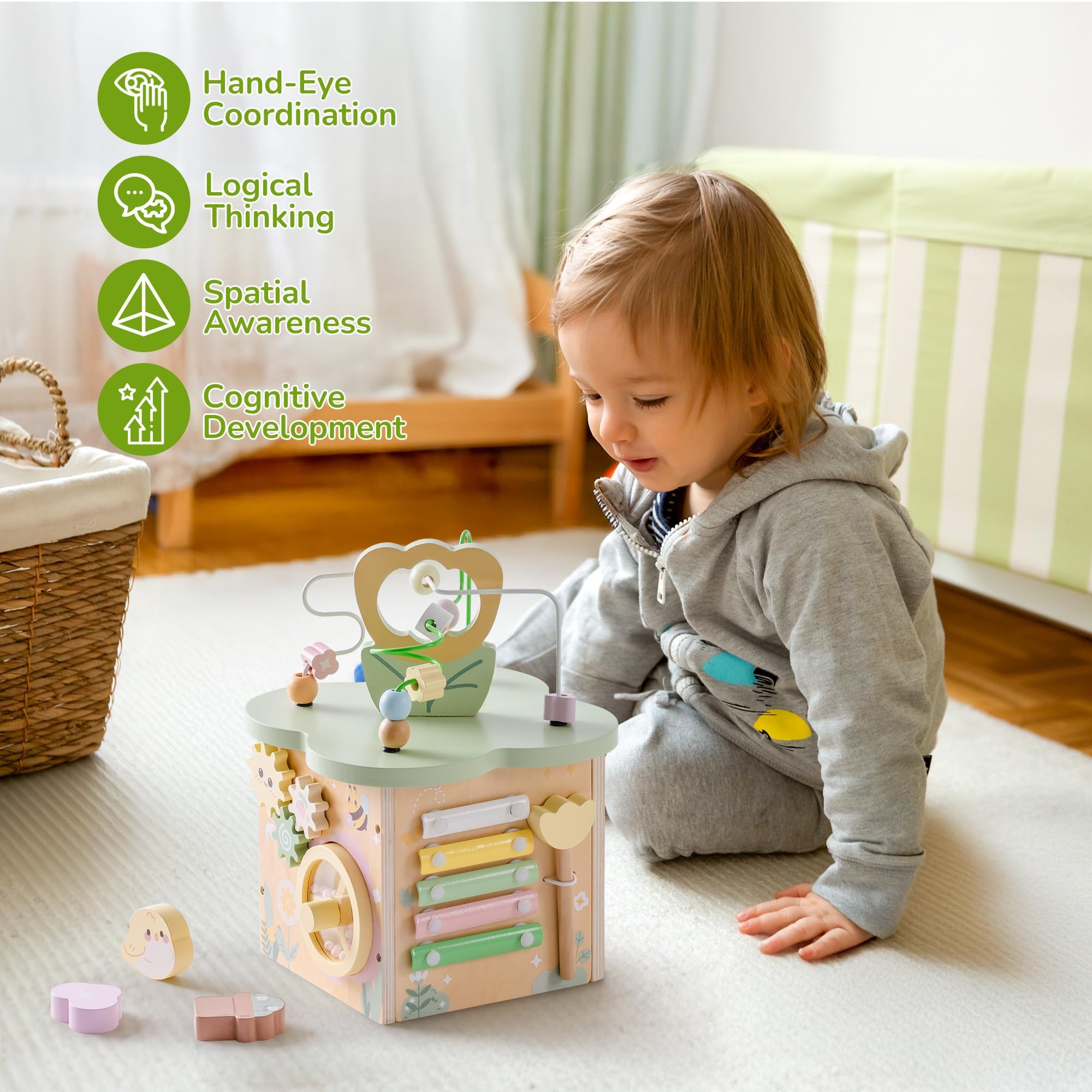 ROBUD Motorikwürfel aus Holz, Motorikspielzeug ab 1 Jahr, Aktivitätswürfel ab 12 Monate, Activity Cube für Kleinkinder