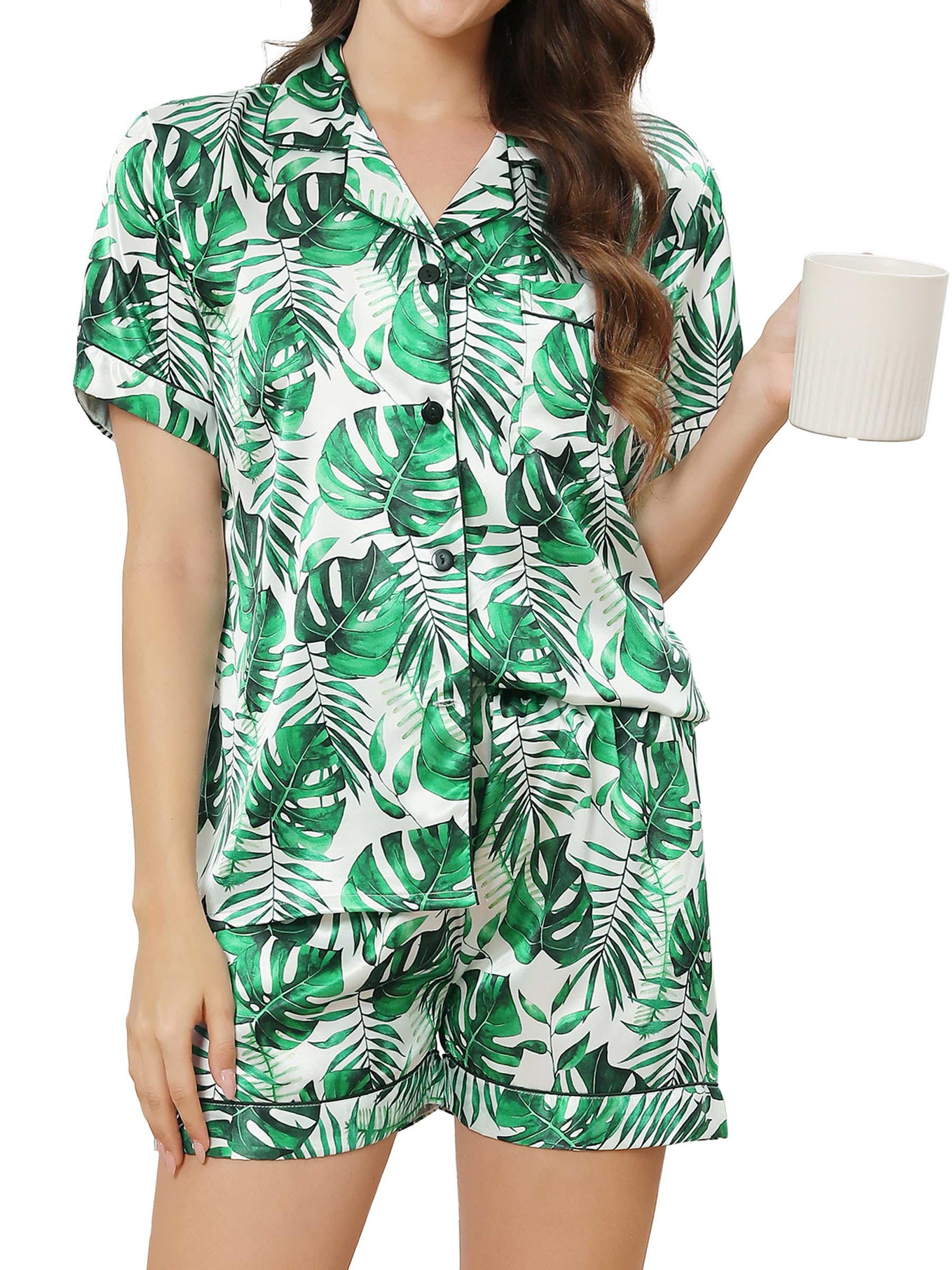 Reliwel Women's Green Leaves Silk Pyjamas For Satin Pjs Set Two Piece Bride To Be Pyjamas Button Down Sleepwear Loungewear Green M