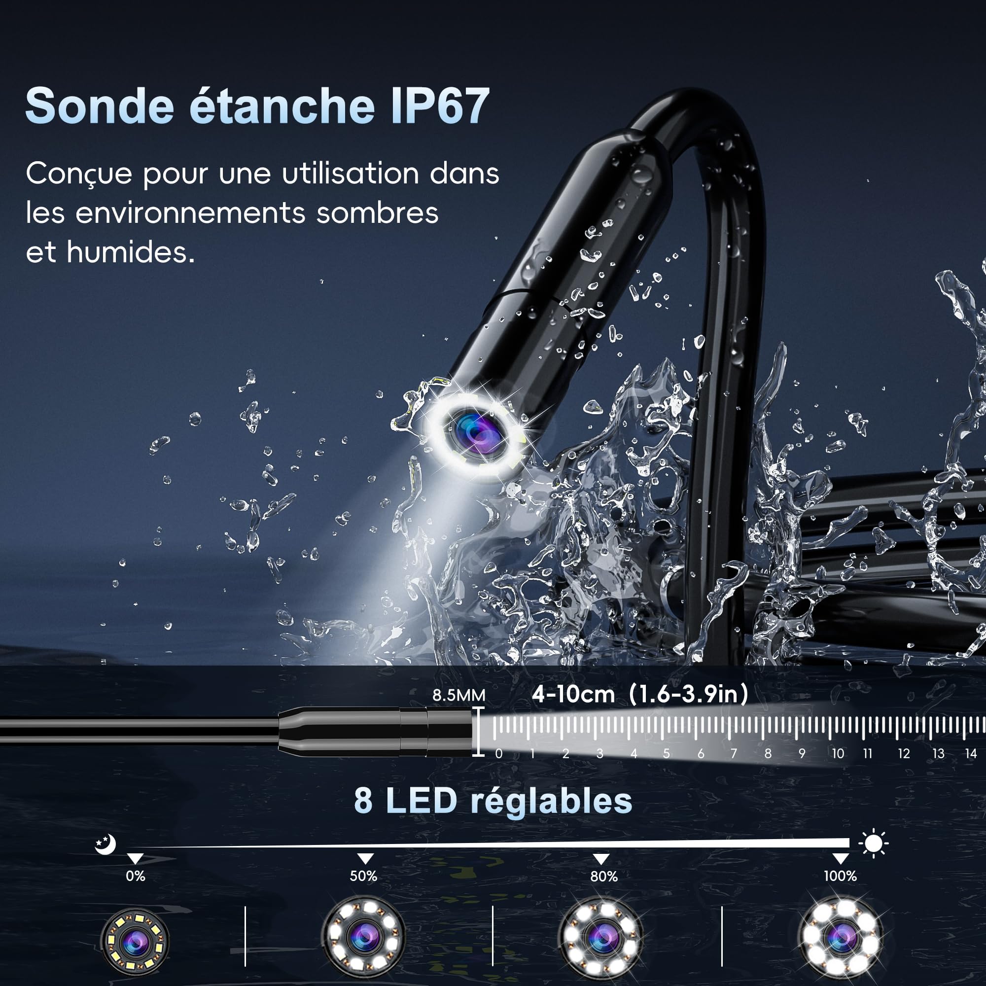 Endoscope Industriel, Yamokizy Caméra d'inspection IPS 4.3" Pouces, 1080P HD Caméra Endoscopique avec 8 LED réglables, Serpent Étanche IP67 de 8mm, Câble Semi-Rigide de 10M