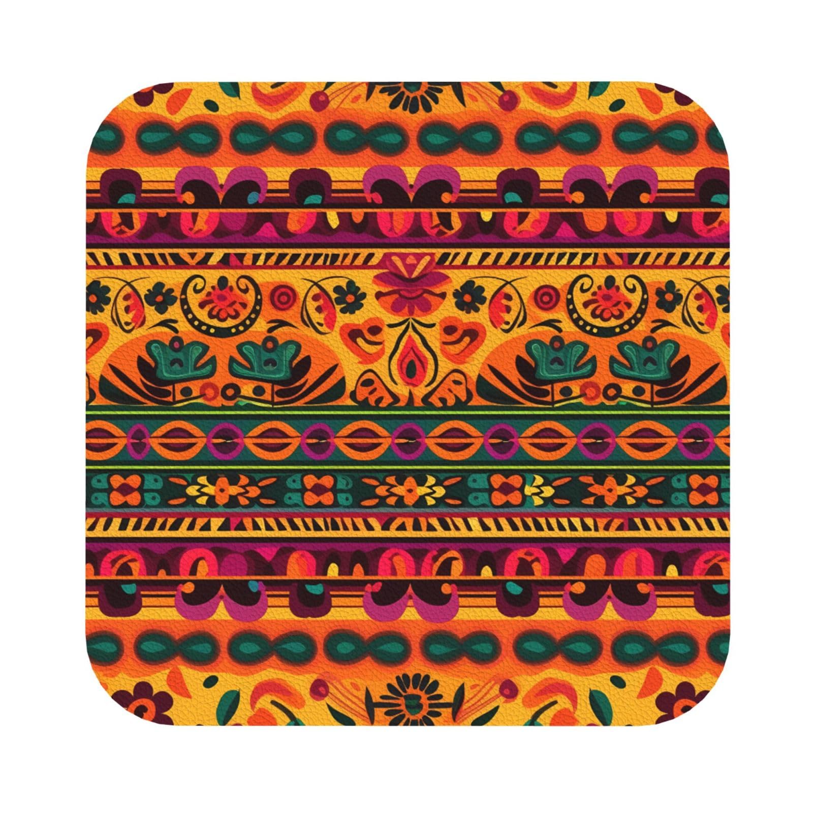 Fodpand Square Mexican Folk Art Boho Drink Coasters Set Of 4, Heat Resistant Leather Coasters Fuuny Bar Beer Beverage Coaster For Drinks, Absorbent Cup Mat For Tabletop Protection, Housewarming Gift