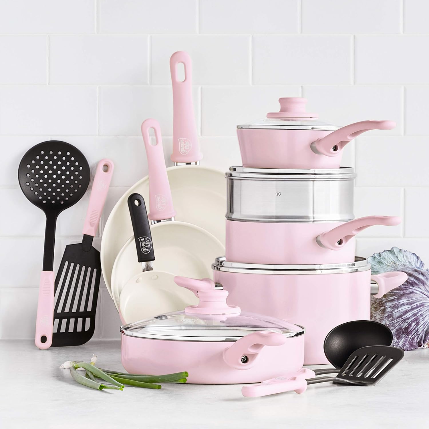 GreenLife Soft Grip Healthy Ceramic Nonstick, 16 Piece Cookware Pots and Pans Set, PFAS-Free, Dishwasher Safe, Soft Pink : Everything Else
