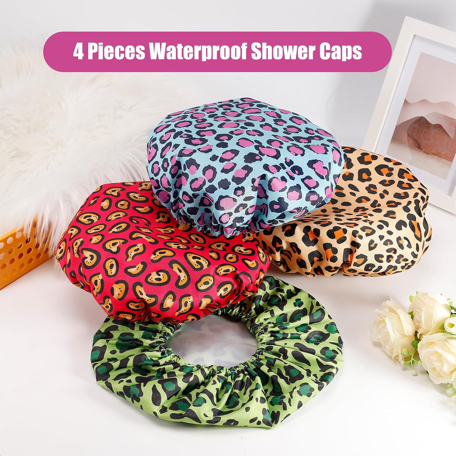4 PCS Shower Caps for Women,Reusable Waterproof Shower Cap,Double Layers Bath Caps,Large Shower Cap with EVA Lining,Elastic Bathing Hair Cap for All Hair Lengths(Leopard 2)