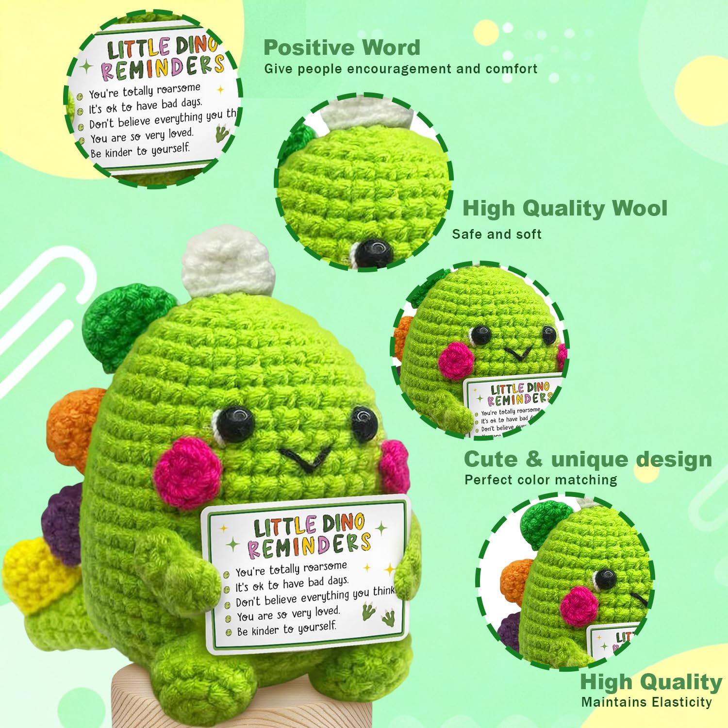 Wuneiox Positive Dinosaur Crochet Gift, Green Handmade Emotional Support Gift with Inspirational - Image 2