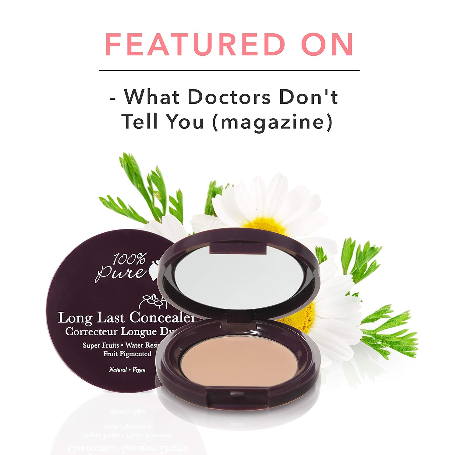 100% PURE Fruit Pigmented Long Last Compact Concealer, White Peach, Full Coverage Concealer, Diminish Dark Circles (Light to Medium Shade) - 0.11oz