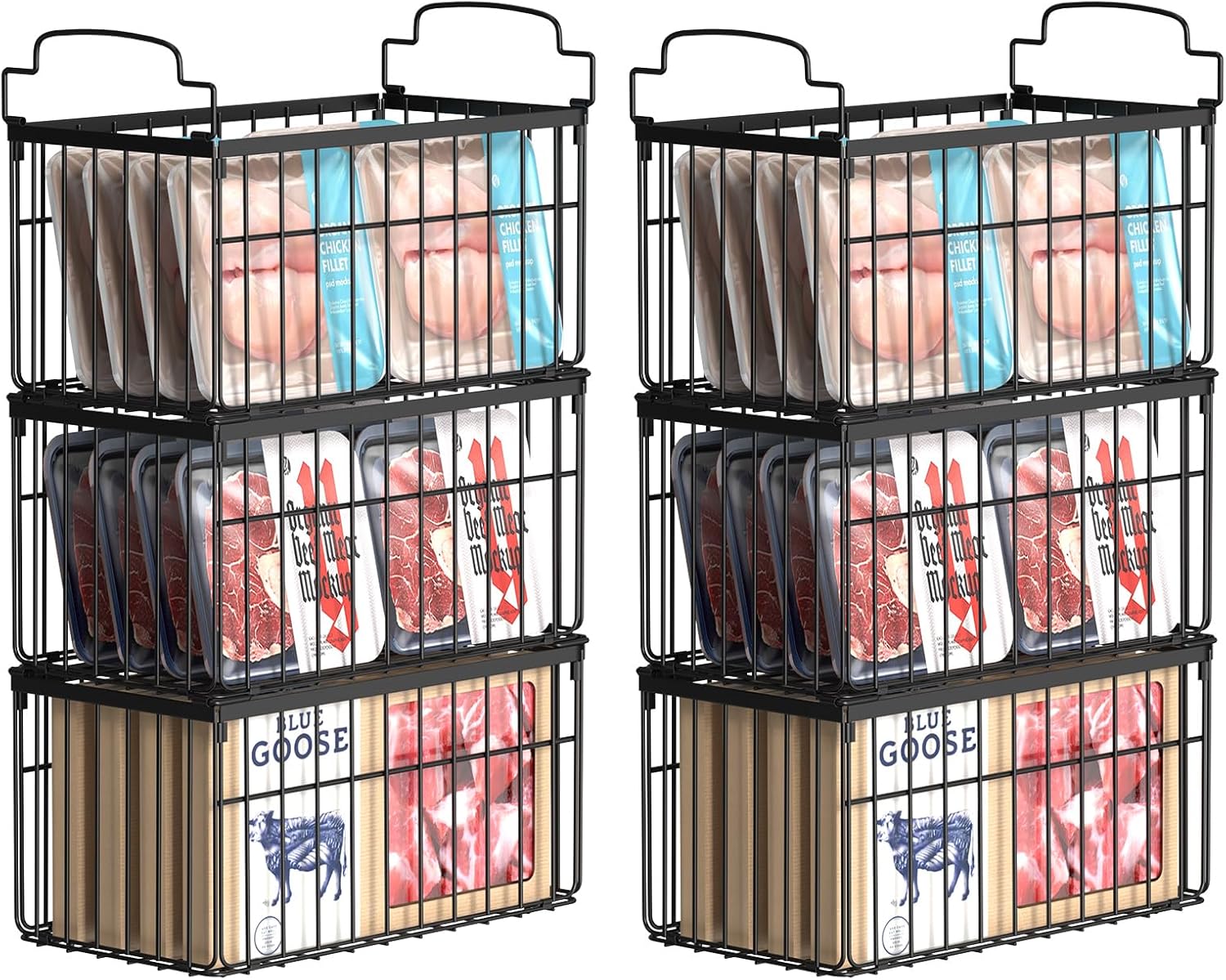 MSERCUOR Freezer Organizer Bins, 6 Pack Stackable Deep Chest Freezer Organizer Bins, Foldable Baskets with Handles, Black Storage Container Baskets for 5/ 7 Cu.FT Deep Freezer Sort Frozen Meats