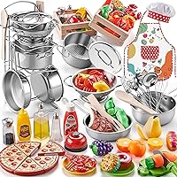 Shimirth 63-Piece Kids Kitchen Playset: Large Stainless Steel Toddler Cooking Set with Cutting Food, Apron, Hat, Bell & Baskets - Pretend Play Toys for Boys Girls