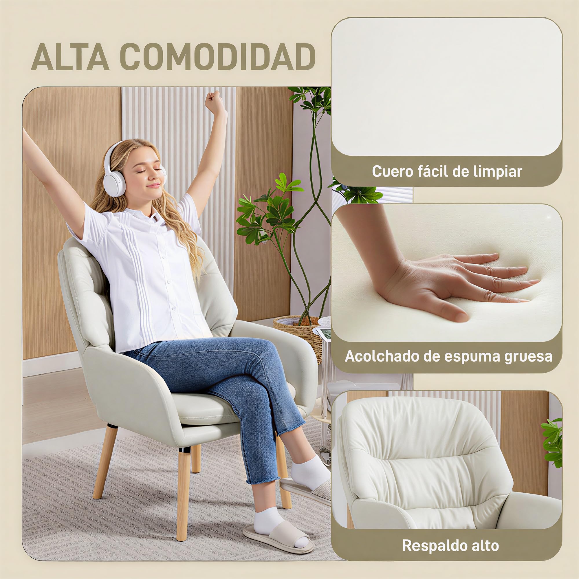 HOMCOM Sillón de Salón Moderno, Butaca de Salón, Acolchado de Doble Capa, Tapizado en Cuero Sintético, Patas de Madera, Sillón de Lectura para Dormitorio, Oficina, Estudio, 68x74x89 cm, Crema