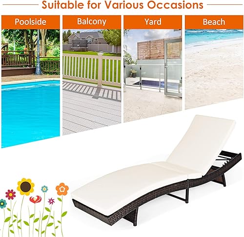 Miniatura 6 de COSTWAY Patio Rattan plegable tumbona ajustable Wcojín blanco