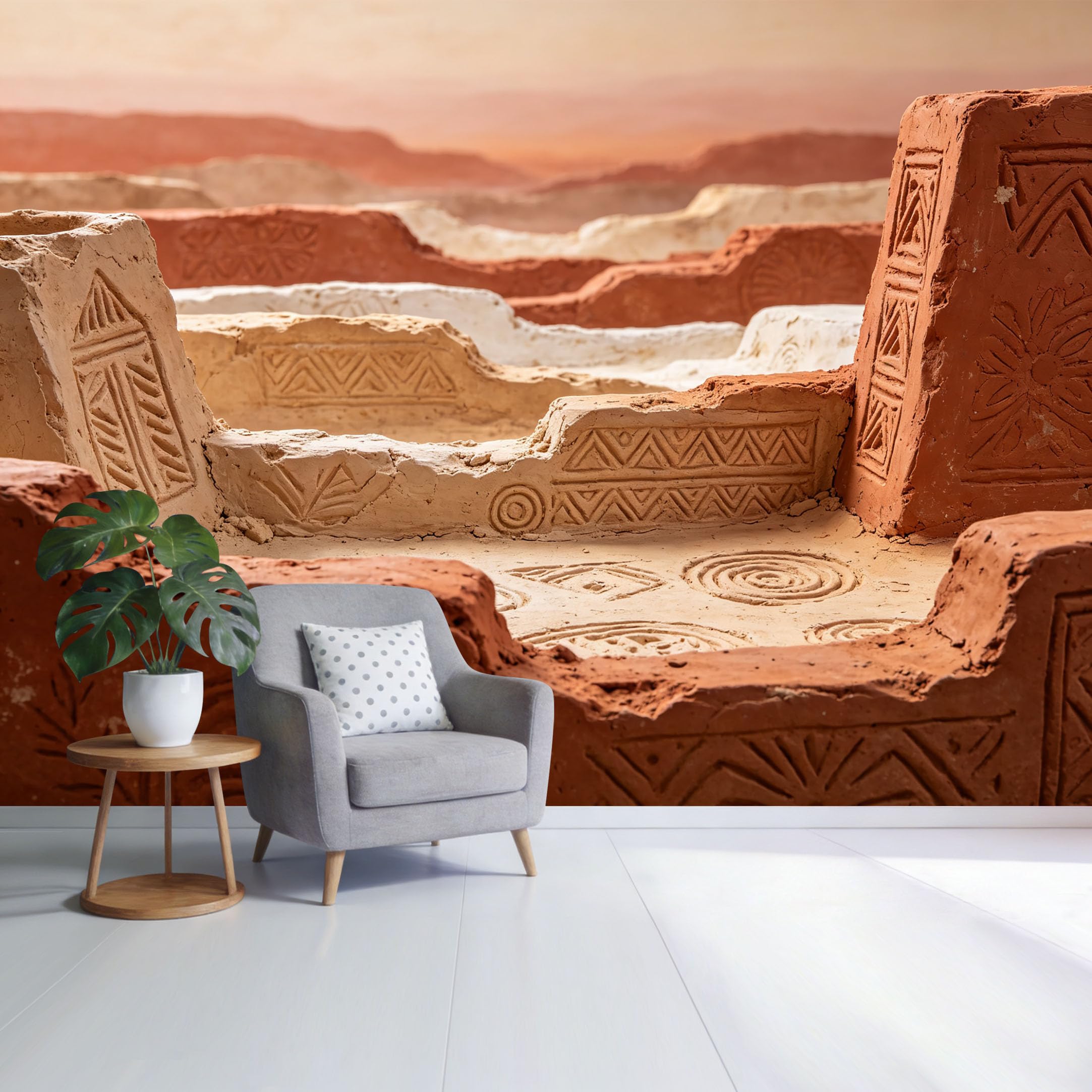 Custom Size Wall Mural Desert Clay Ruins with Geometric Tribal Pattern Relief Textured Earth Tone Landscape SelfAdhesive Wall Fabric Removable Wallpaper for Home Office Decor