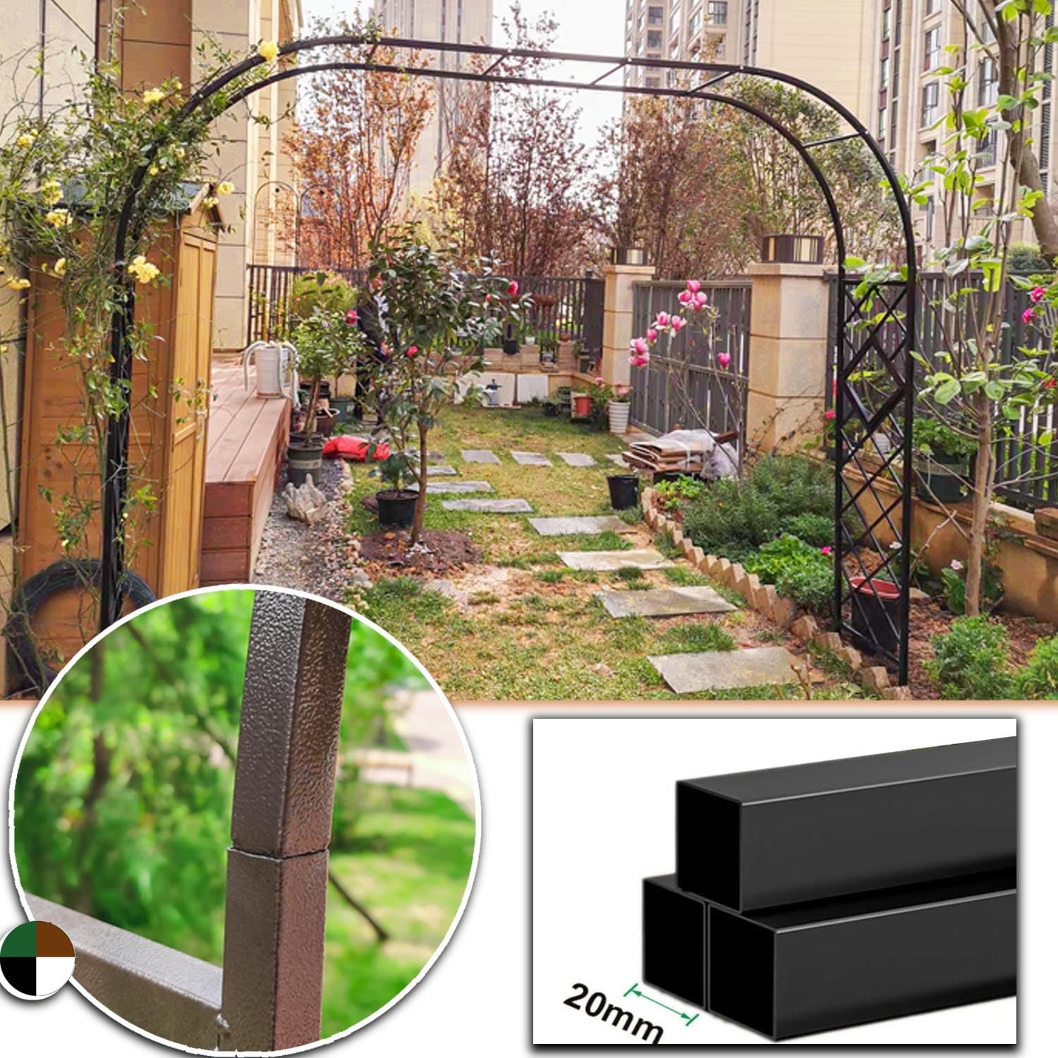 Solidny ocynkowany metalowy łuk ogrodowy do roślin pnących, odporny na warunki atmosferyczne, podparcie kratki, wysokość 140-380 cm, eleganckie brązowe wykończenie, idealny do dekoracji na zewnątrz