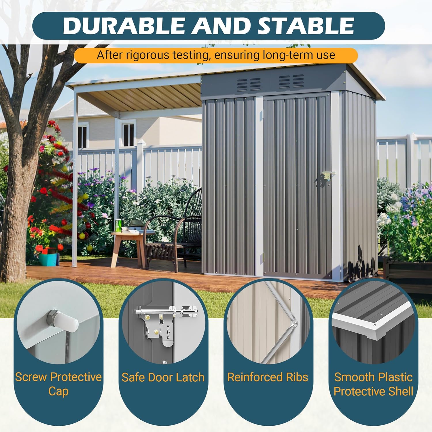 YOPTO 5×3 FT Outdoor Storage Shed & Gazebo Combo,Lean to Metal Tool Shed with Open Pergola,All-Weather 2-in-1 Garden Shed & Gazebo W/Sloping Roof and Lockable Door,for Backyard,Patio,Lawn(Gray)