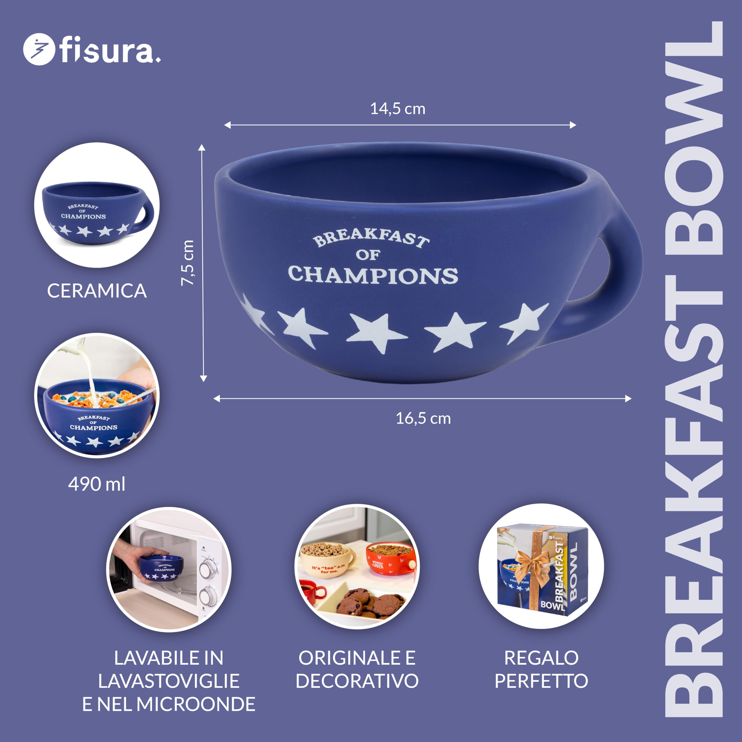 Fisura – Ciotola colazione originale "Breakfast of Champions". Tazza colazione blu 490 ml. Grande tazza in ceramica per caffè, cereali o yogurt. 16,5 cm x 7,5 cm