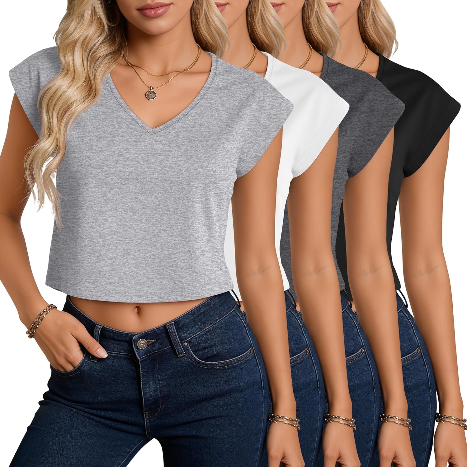 4 Pack Women's V Neck Cropped Tops Cap Sleeves Short T Shirts Loose Fit Casual Summer Crop Basic Solid Tees