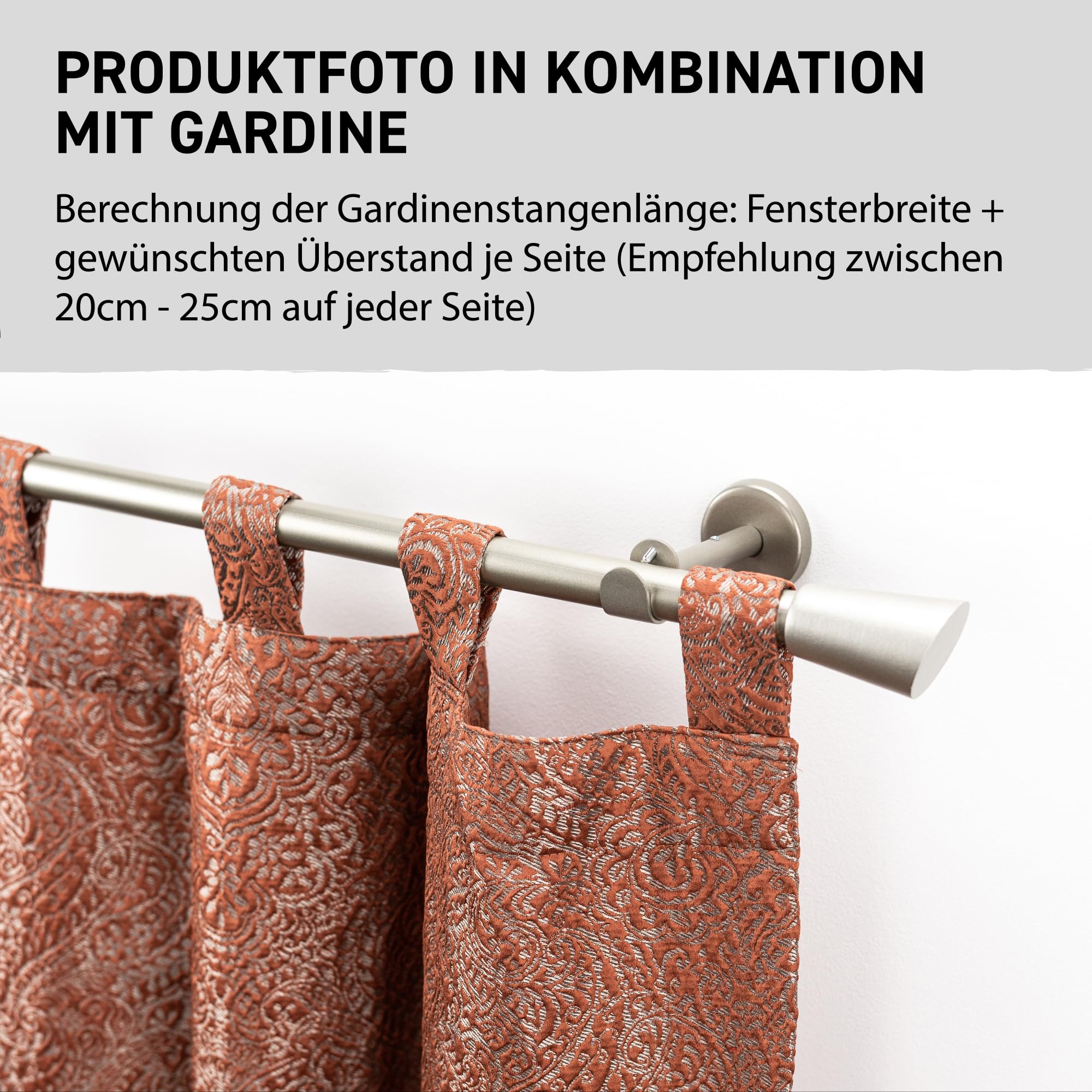 Garesa Gardinenstange Molis Ø 20mm, 1-läufig, Chrom, matt I Stabile Vorhangstange ohne Ringe I Offener Träger mit Endknopf Keil I Auch für mittelschwere Vorhänge I 470cm