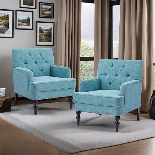 Miniatura 73 de HUIMO Silla de club copetuda, silla decorativa con almohada lumbar, sillón con botones de tela de lino, sillas tapizadas para dormitorio, sala de