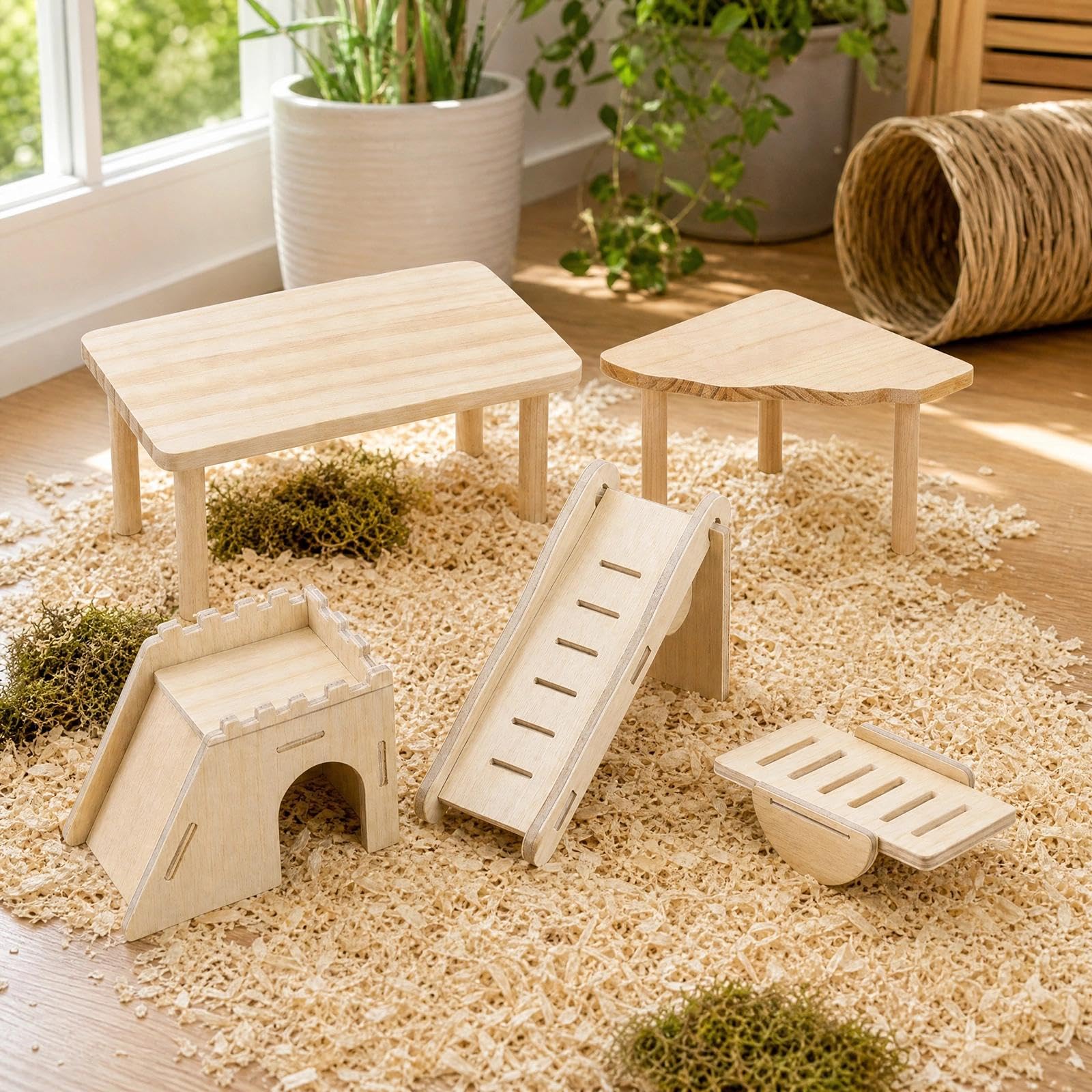 5Pcs Wooden Hamster Toy Set, 2 Natural Platforms Ladder Hideout Seesaw