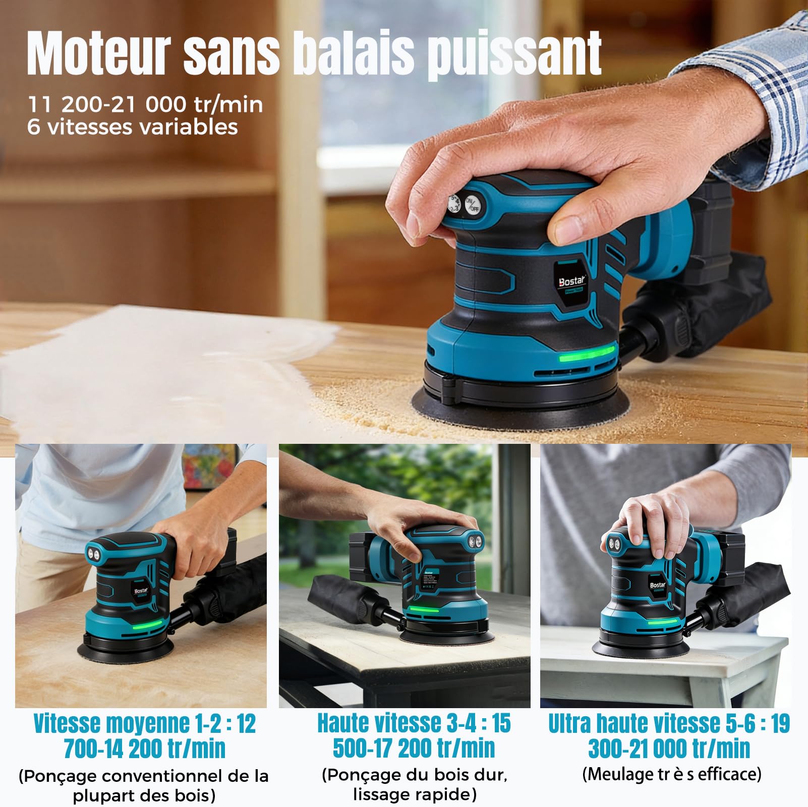 Bostar Ponceuse Excentrique Sans Fil 18V, Ø125mm Moteur Brushless, 2 Batteries 3.0Ah, Max. 21000 tr/min, 6 Vitesses, Sac à Poussière, Ponceuse Orbitale pour Bois et Voiture, Compatible Makita 18V
