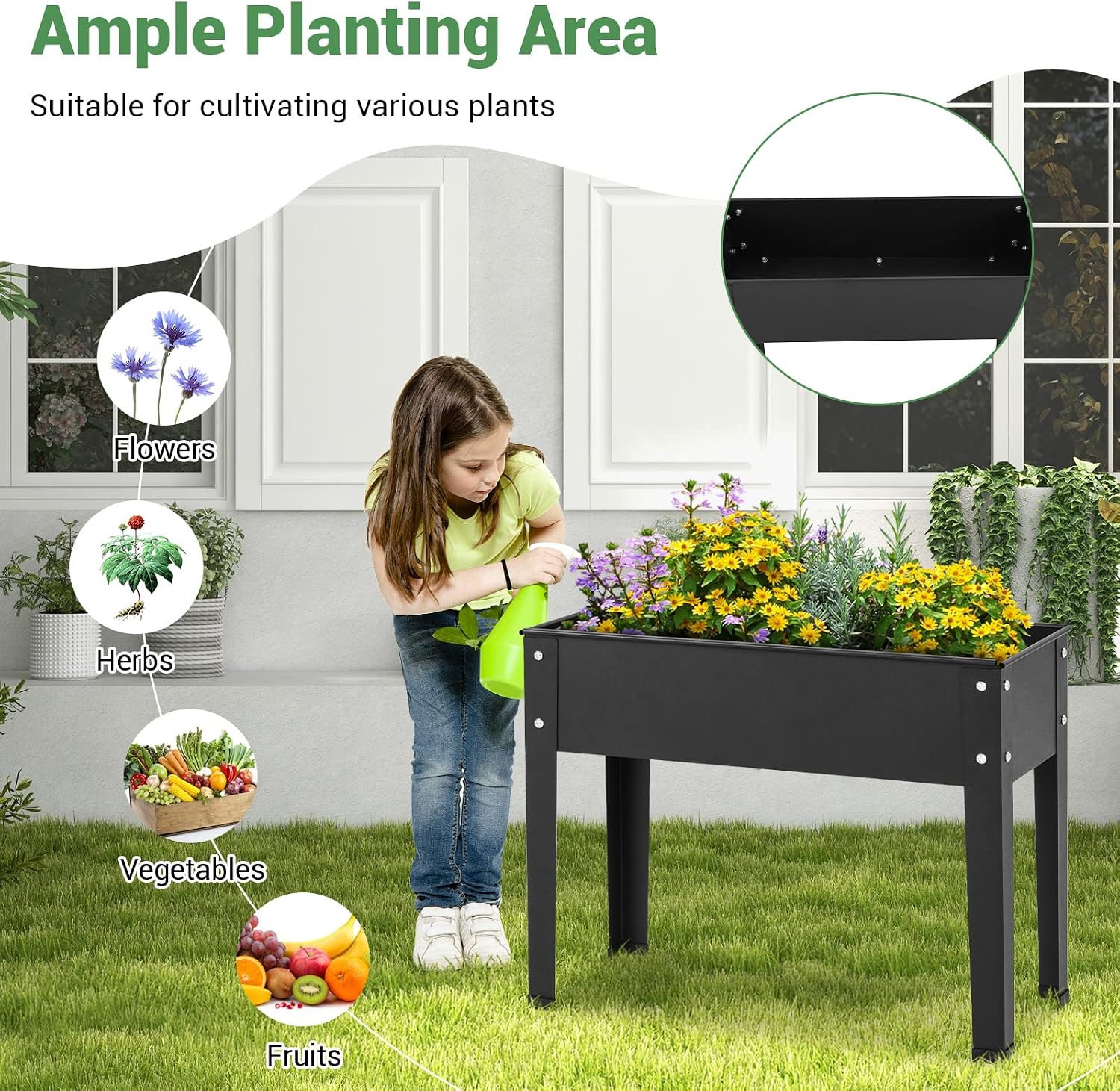 A child watering plants in the black elevated garden bed, demonstrating its use for cultivating various plants like flowers, herbs, vegetables, and fruits.