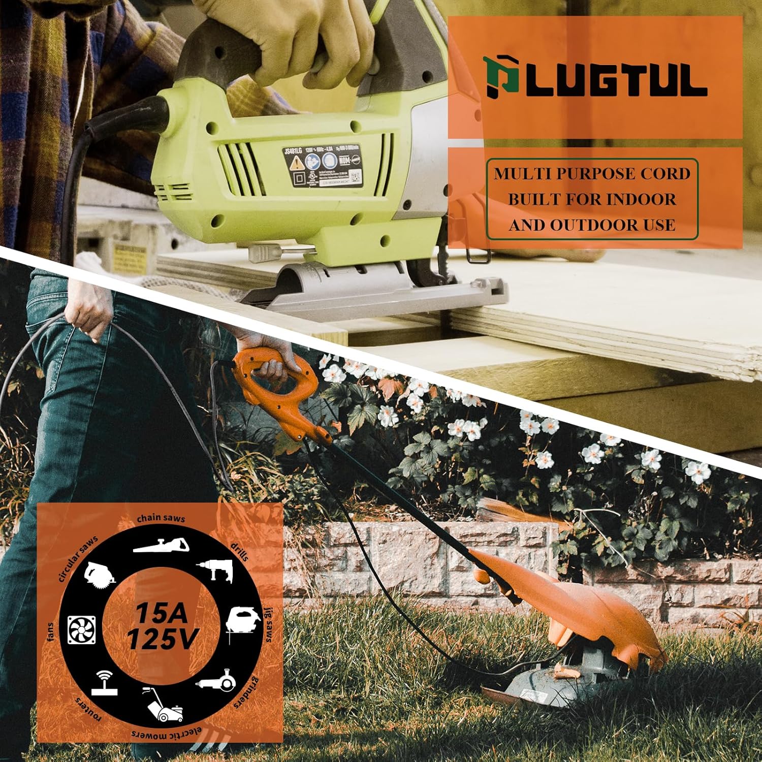 PLUGTUL 10 Gauge Extension Cord 50FT, Black Outdoor Extension Cord with Lighted End, Heavy Duty,15A 1875W SJTW, ETL Listed