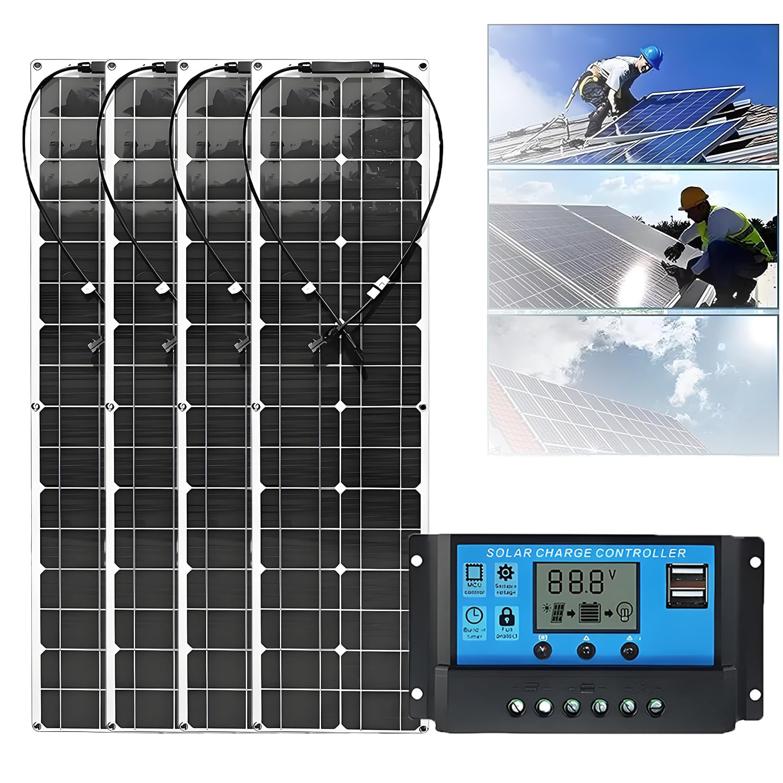 Pannello Solare Monocristallino Flessibile da 400 W E 18 V con Regolatore da 40 A Uscita USB Kit Pannello Solare Fuori Rete per Camper Barca Tendas Auto Rimorchio Batteria da 12 V 4 * 400W