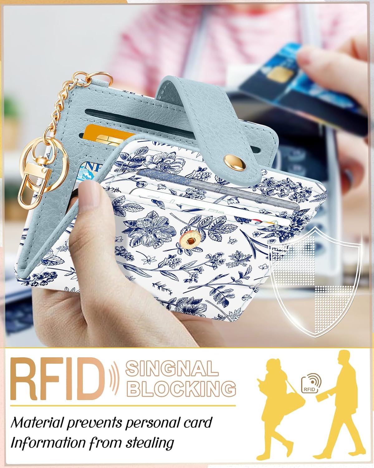 Bistup Wallet for Women Cute Bifold Small Card Wallet Rfid with Keychain for Ladies Teen Girls Female Medium Girly Aesthetic Thin Slim Flower Floral Unique Pretty Leather Credit Card Holder Purse - Image 5