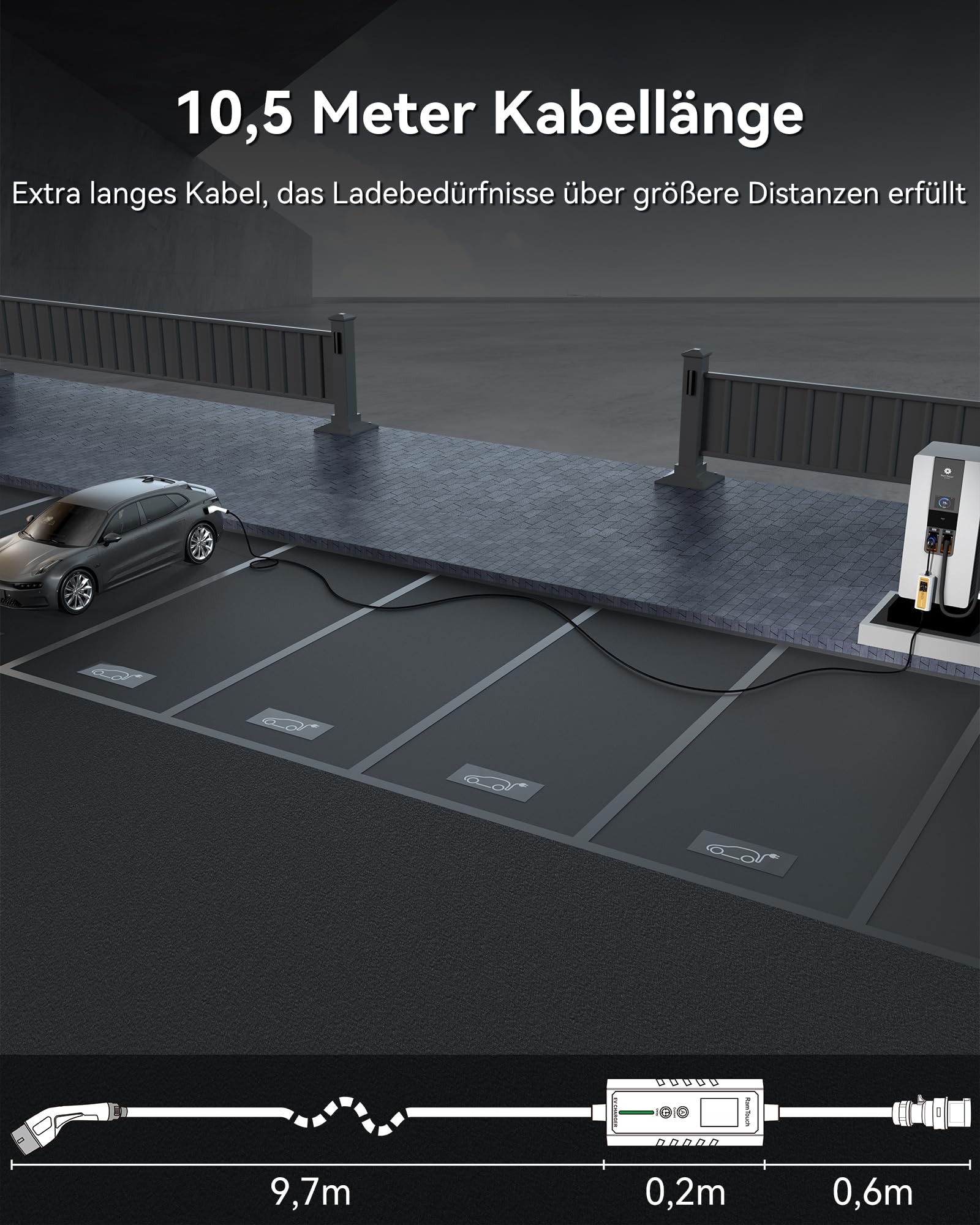 Elektrisches Kfz-Ladegerät (3,7 kW, 10,5 m, Typ 2, CEE P17 16 A) – Ladekabel mit Einstellbarer Ampere 6A-16A, verzögerte und programmierte Ladung, Mobile Ladestation für EV und PHV