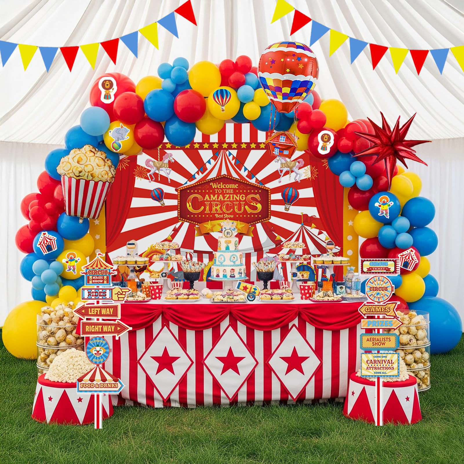 Circus Theme birthday party decorations &amp; include red blue yellow balloon garland &amp; foil hot air popcorn balloons &amp; banner carnival road sign paper card background decor