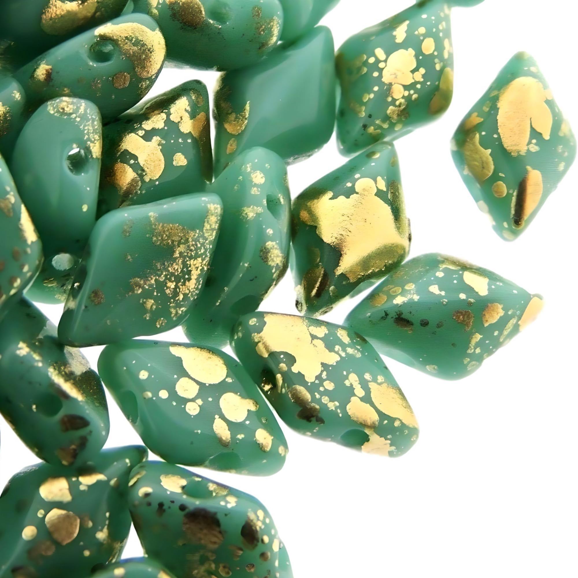 Czech Glass GemDuo Beads, 2-Hole Diamond Shaped Beads 5x8mm, 10 Grams, Gold Splash Opaque Turquoise Green