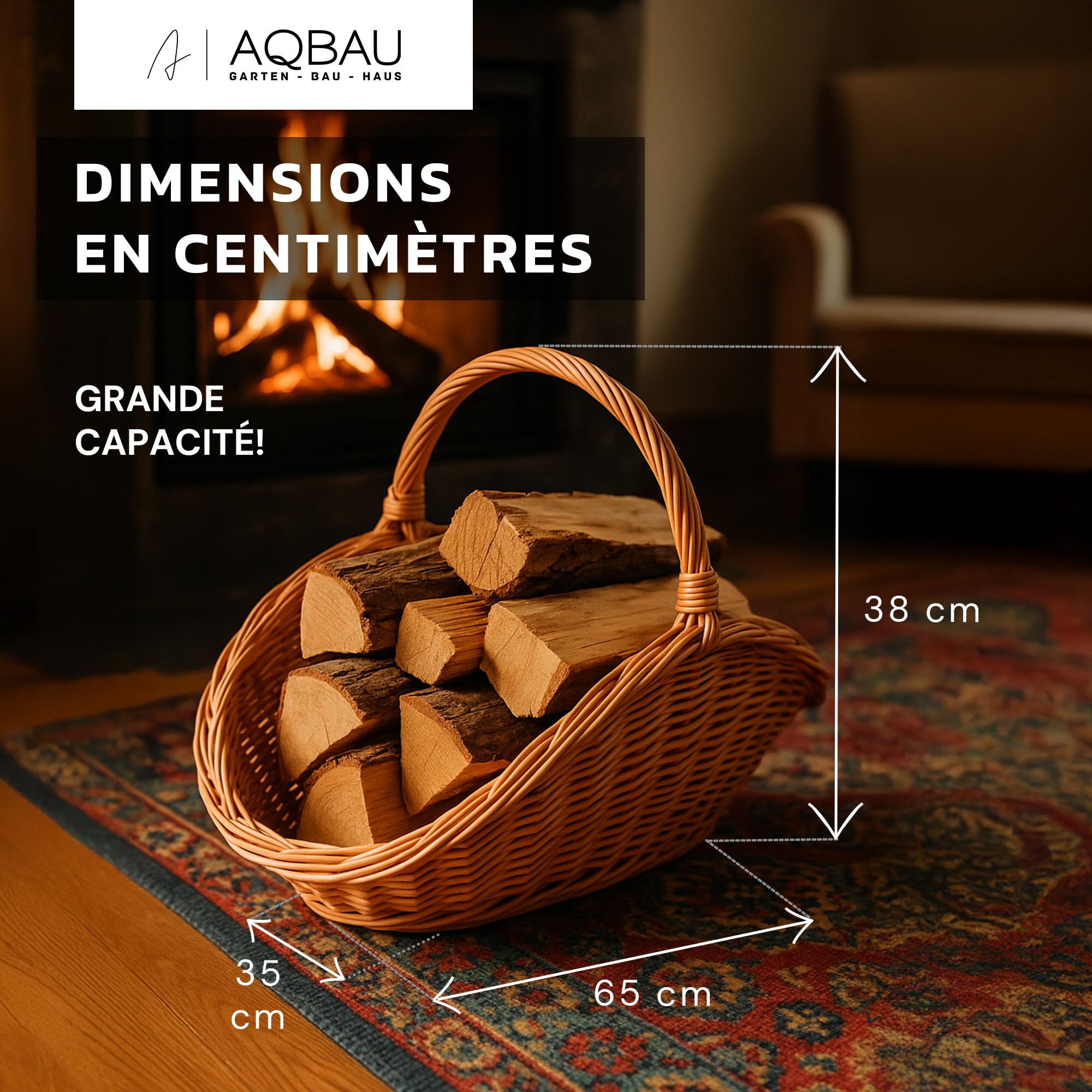 Panier à bois de cheminée en osier naturel fait main avec poignée – Lot de 2