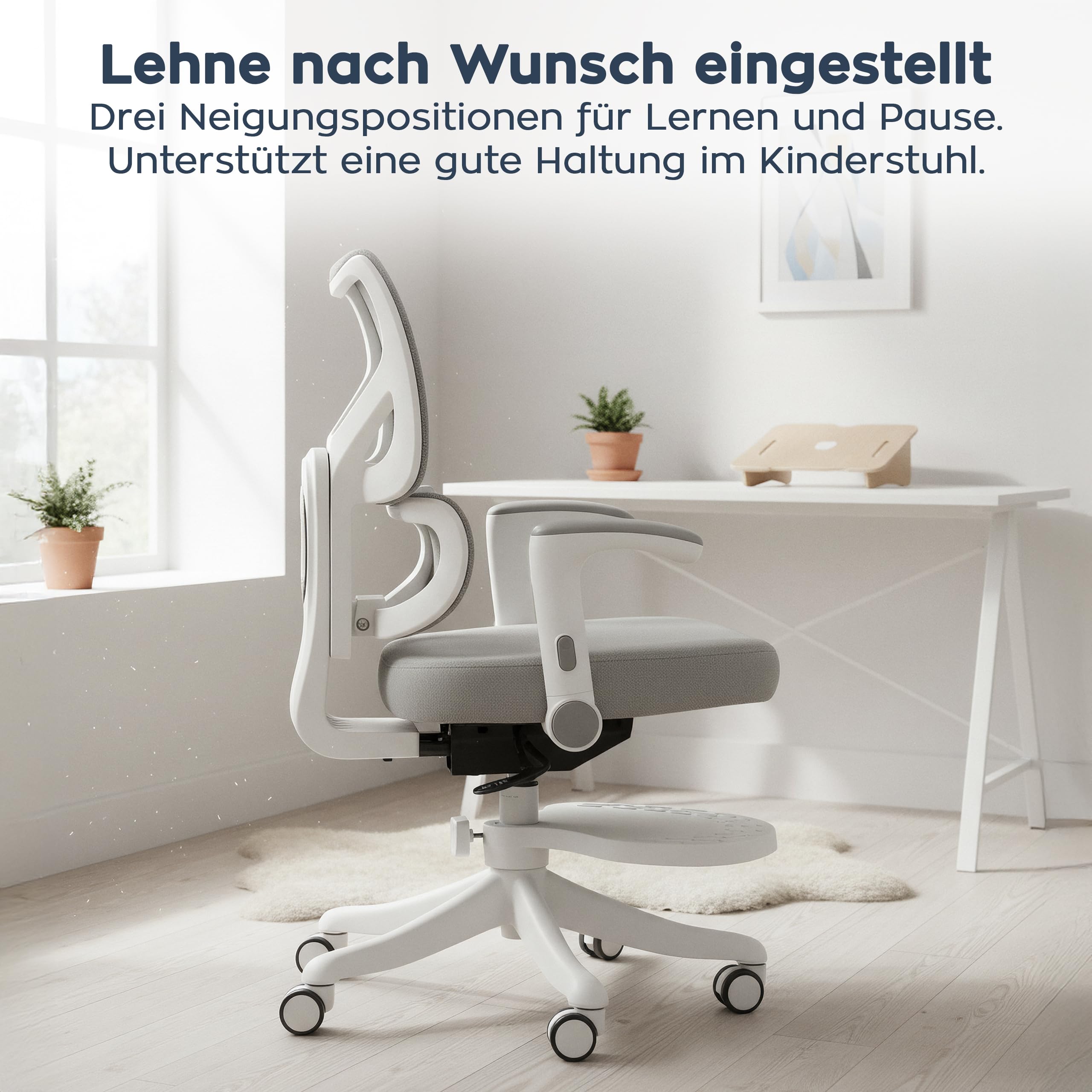 MARK ADLER Junior 5.3 Ergonomischer Kinderstuhl für Kinder und Jugendliche | bis 175 cm - Höhenverstellbar - Mit fußstütze - Verstellbare Rückenlehne - Rollen mit Feststellmechanismus – Grau