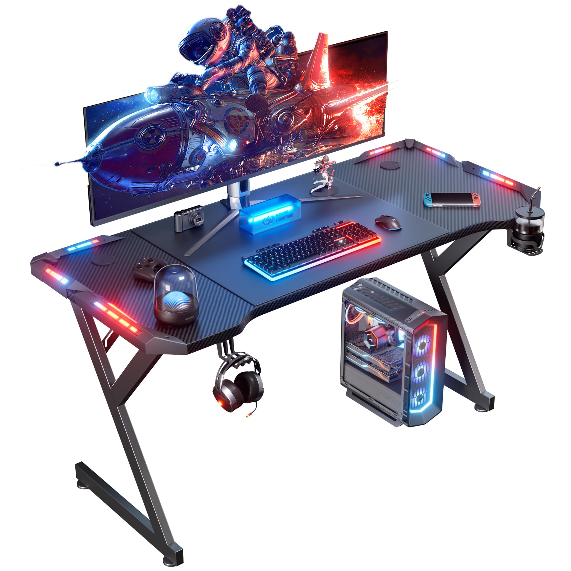 47 Inch Gaming Desk with LED Lights, Ergonomic Computer Gaming Table with Carbon Fibre Surface, Sturdy PC Workstation Desk for Home Office with Headphone Hook, Cup Holder, BlackThe Forest Stewardship Council