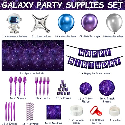 Miniatura 2 de 198 piezas de suministros de fiesta de galaxia espacial, temática del espacio exterior, decoración de fiesta de cumpleaños, juego de vajilla de