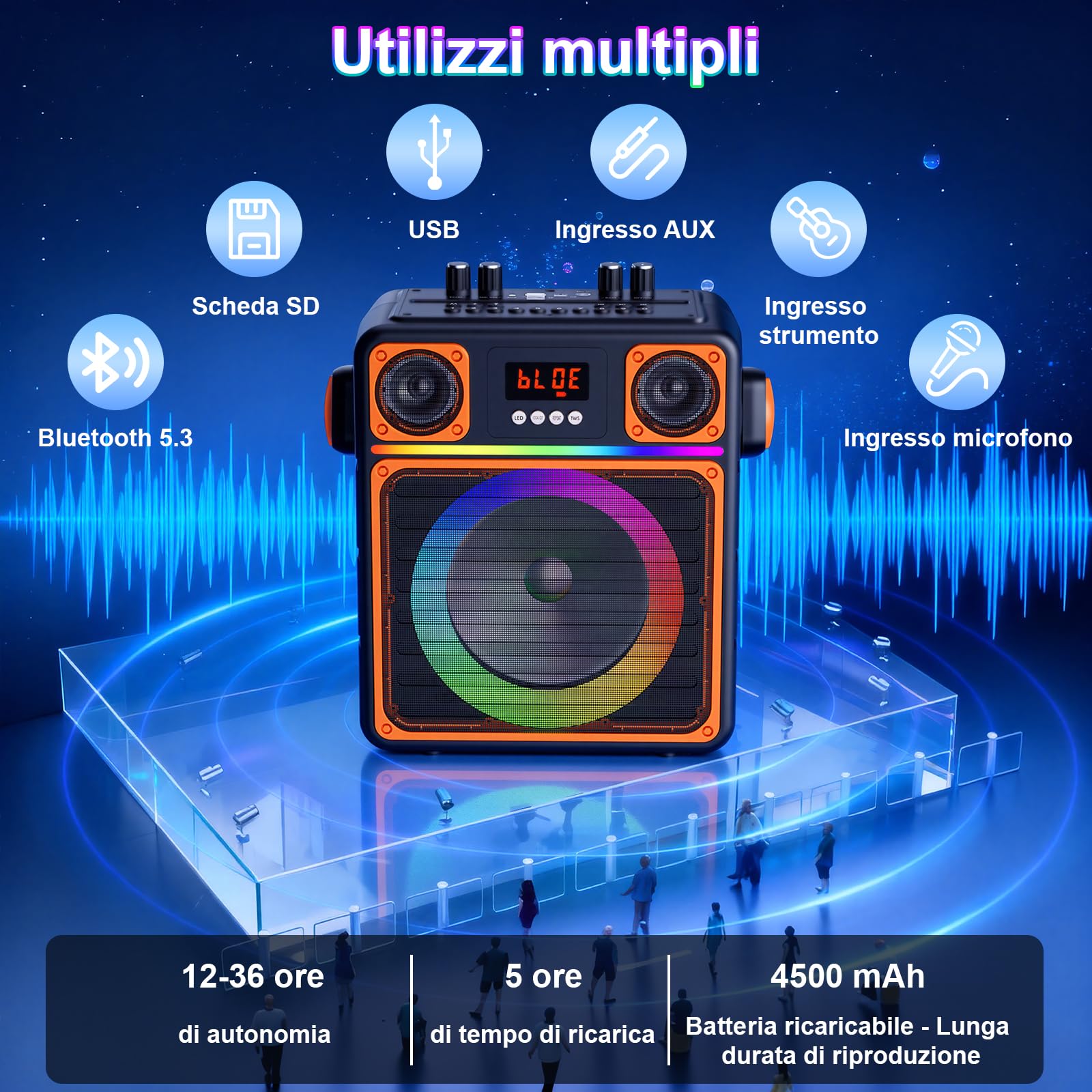 GuKKK - Altoparlante Karaoke con 2 microfoni senza fili, portatile, per adulti e bambini, sistema audio per feste con luci Disco,supporta TWS/FM/AUX/USB/TF