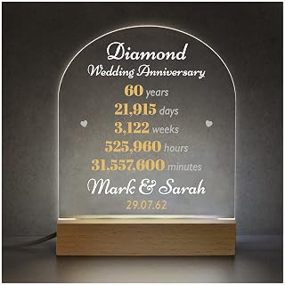 60th Wedding Anniversary Gifts For Parents Grandparents, Personalised Diamond Wedding Anniversary LED Lamp Light, 60 Years Married, 60th Anniversary Of Marriage