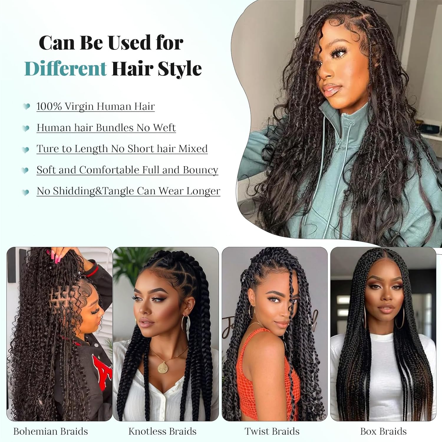 Curly Human Braiding Hair Black Women Water Wave Bulk Hair for Braiding No Weft Real Human Braiding Hair for Boho Braids Wet and Wavy Braids Extensions 2 Bundles/Pack 100G 14inch
