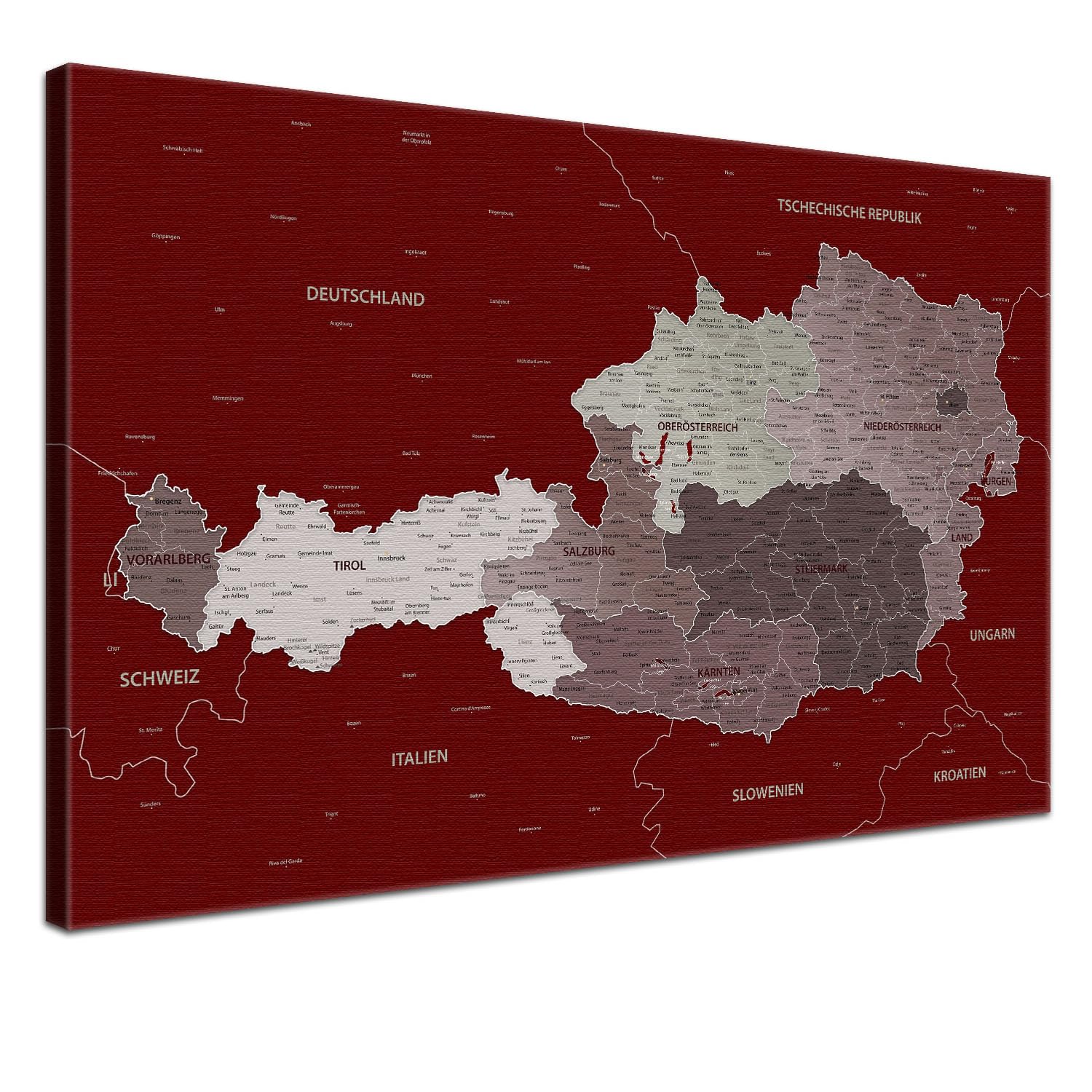 LANA KK - Obraz na płótnie z tylną ścianką z korka do przypinania celów podróży – "mapa Austrii kolonialna czerwień" – niemiecki – druk artystyczny tablica do przypinania mapa w kolorze kolonialnym czerwonym, 100 x 70 cm
