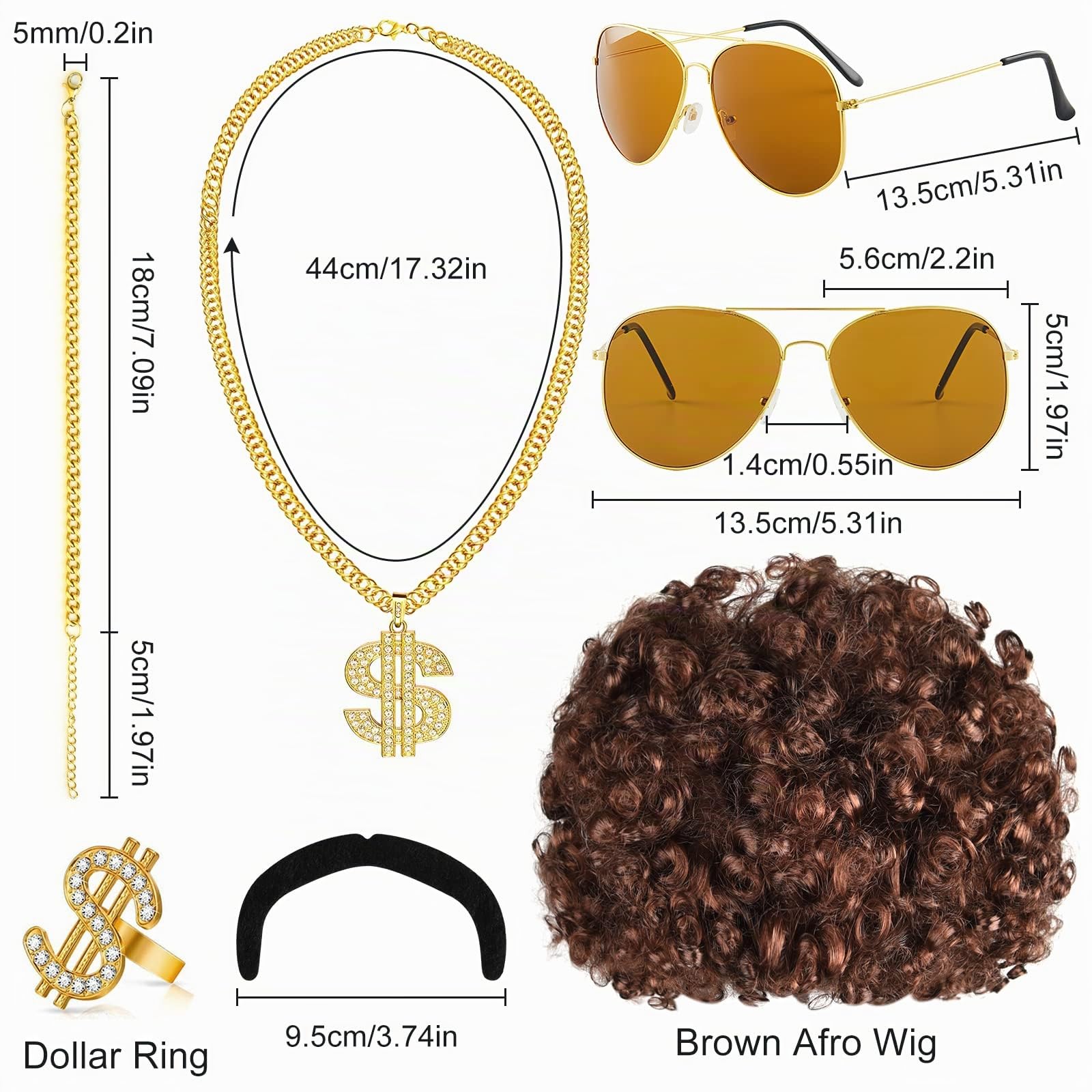 PLULON Hommes 70s Disco Costume Mec Chemise à Paillettes Cloche Bas Pantalon Ensemble avec Perruque Lunettes de Soleil Moustache Dollar Signe Chaîne Anneau Disco Accessoires