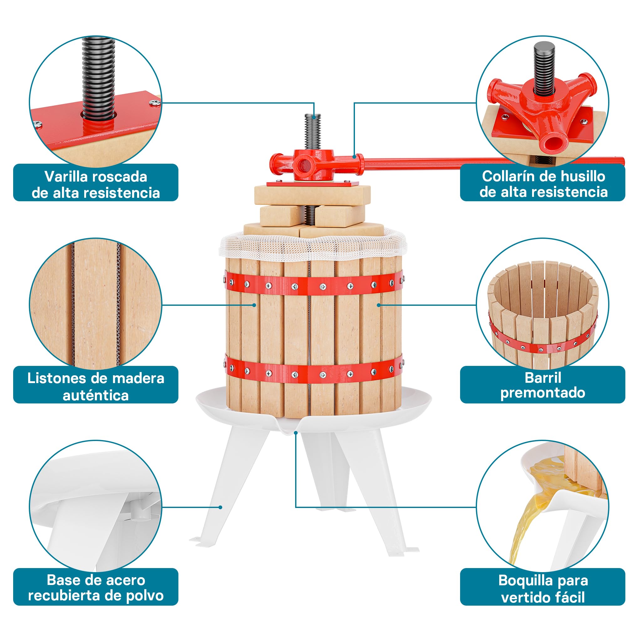 WilTec Prensa en Madera para Frutas, Mosto, Vino, Manzanas con Capacidad de 12 litros con Bolsa para Pulpa