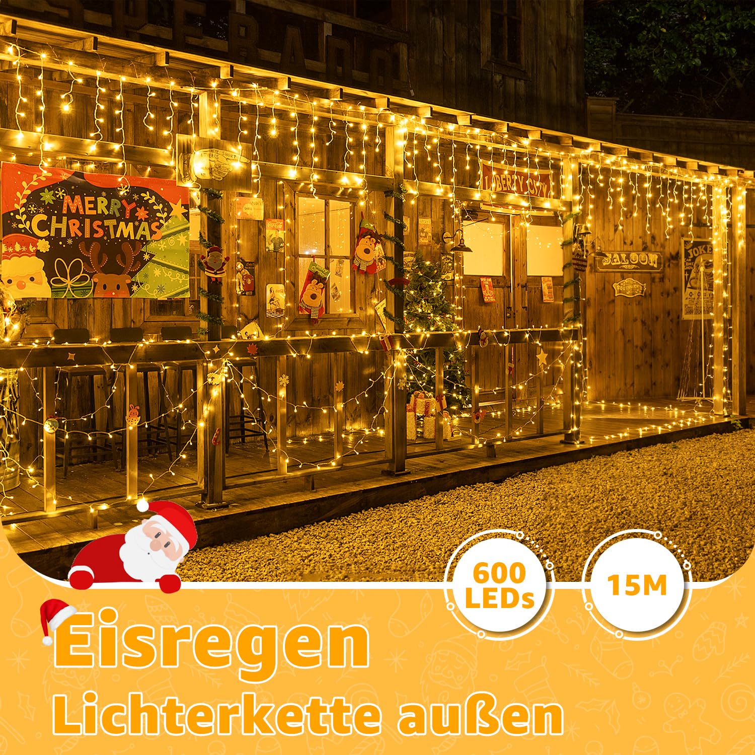 Ollny Eisregen Lichterkette Außen 15M 600 LED Warmweiß Timer dimmbar | Weihnachtsbeleuchtung Außen mit Stecker Fernbedienung Wasserdicht 8 Modi für Balkon Dachrinne Fenster Haus Geländer