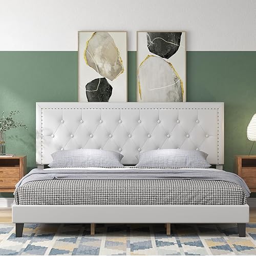 Miniatura 6 de IDEALHOUSE Base de cama matrimonial con cabecero, con diseño de botones copetudos y ribete de cabeza de clavo, soporte de listones de madera, sin